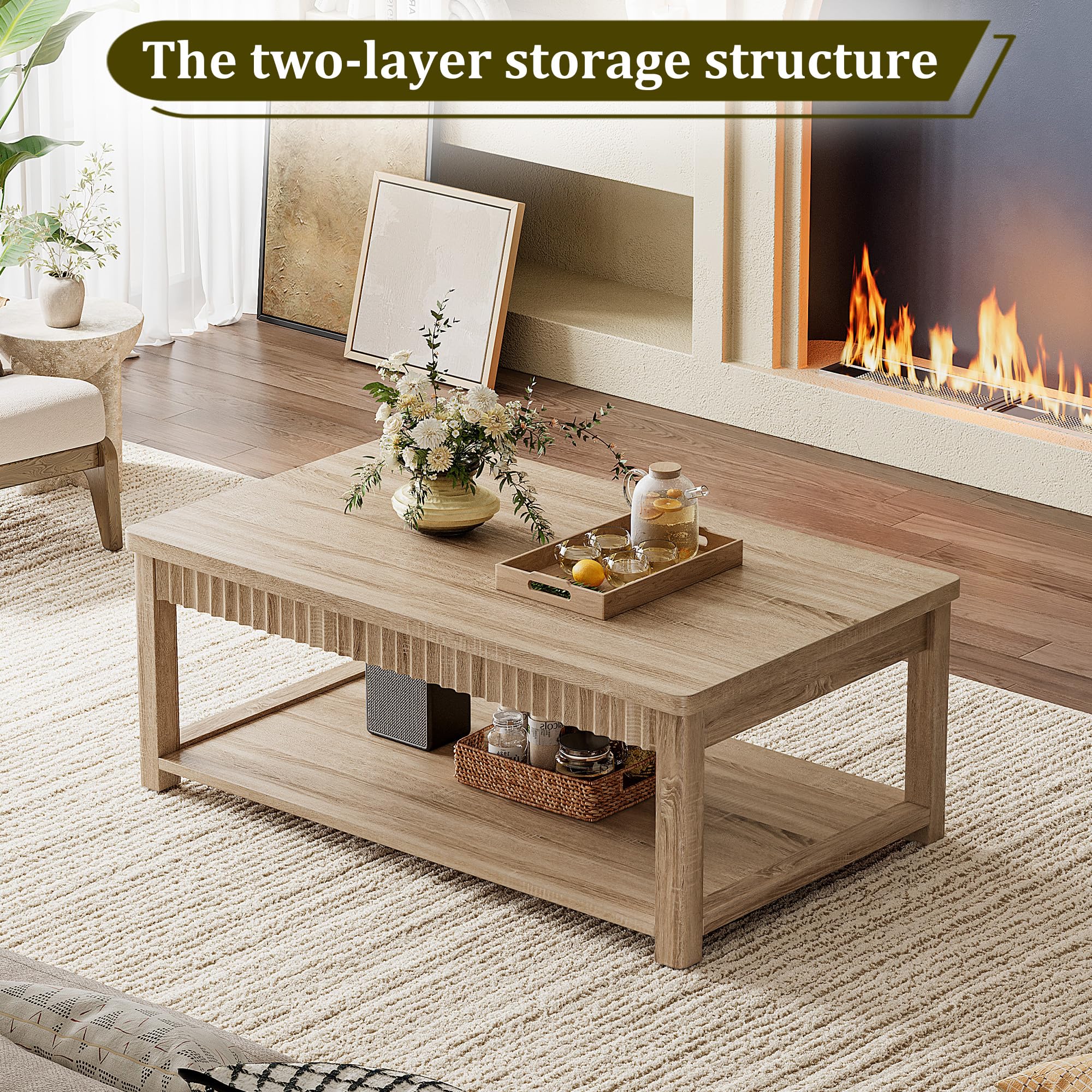 Homkdom Fluted Coffee Table, 2-Tier Storage Shelf, Oak — product photo