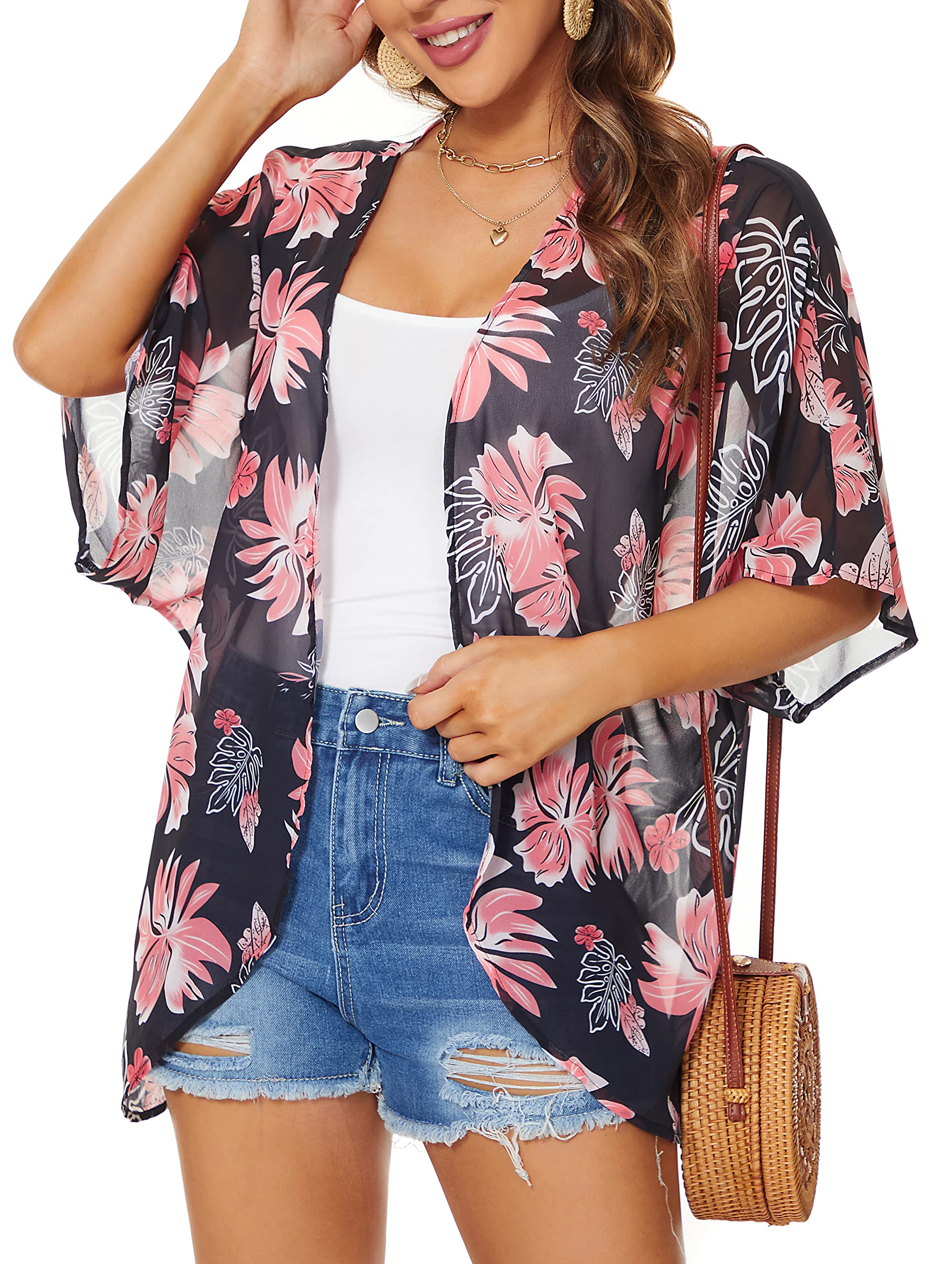 Damskie kimono, plażowe, szyfon, kardigan, kwiaty, topy, luźne peleryny, czarno/różowy, XXL