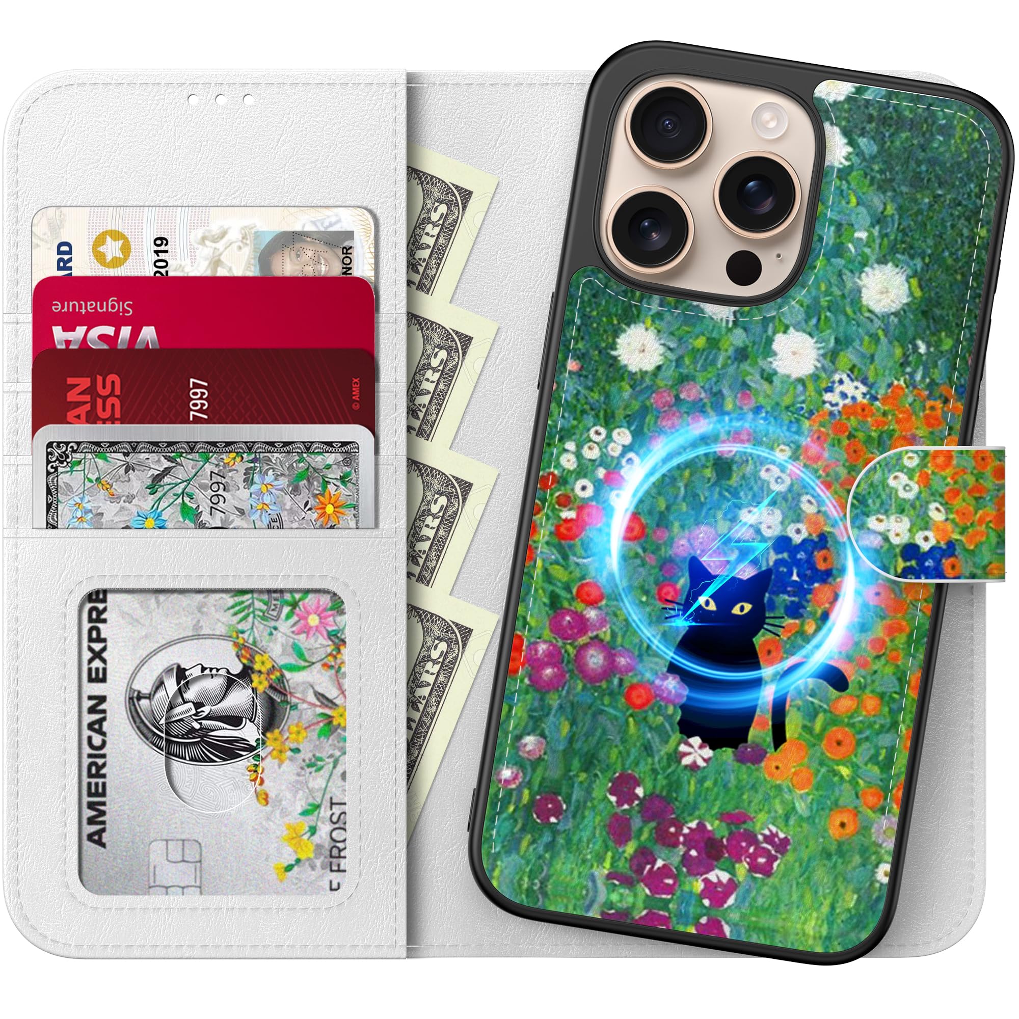 FUNMIKO for iPhone 16 Pro Max Detachable Wallet Case with Card Holder + Cash Clip, PU Leather Flip Folio Kickstand, RFID-Blocking, Wireless Charging &