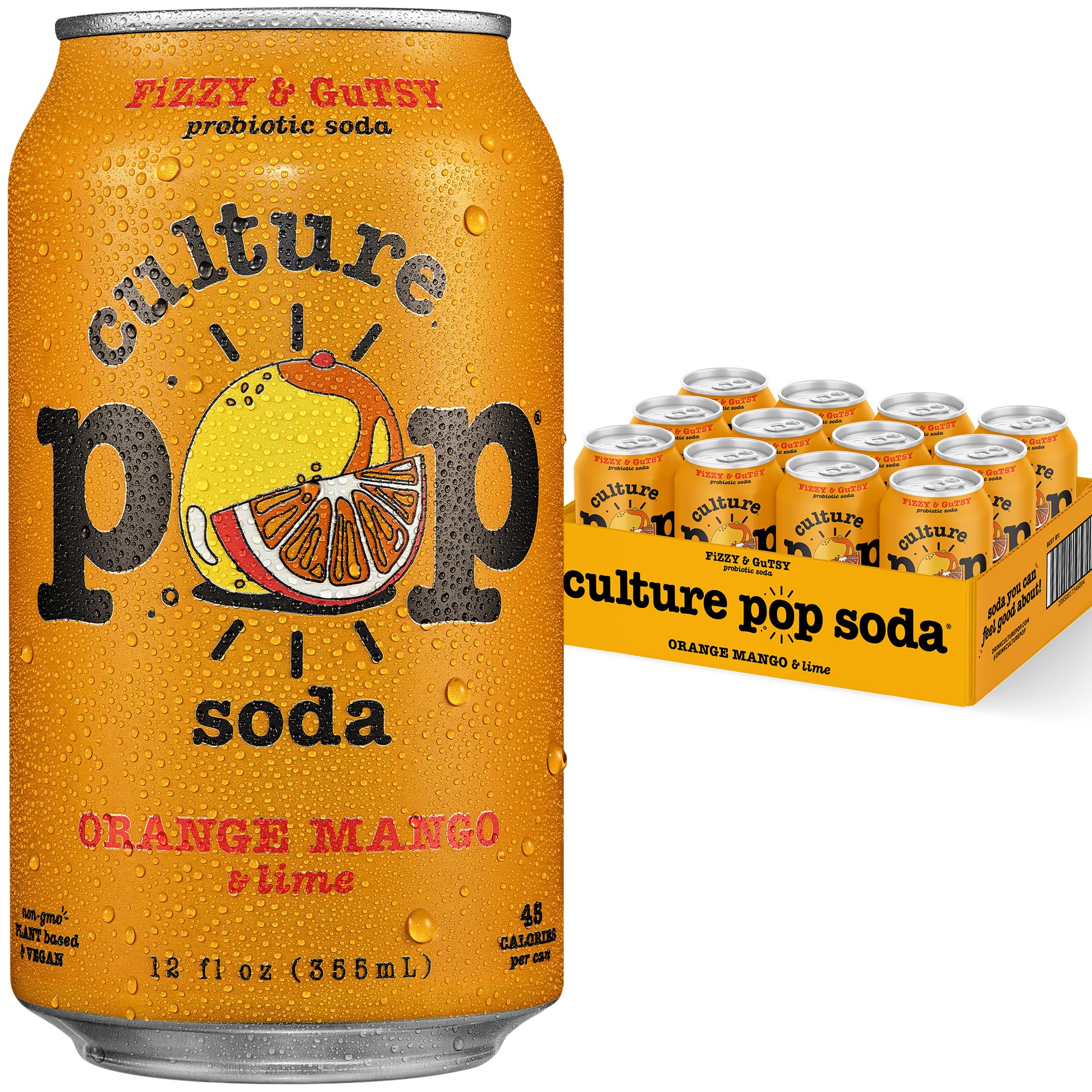 Culture Pop Soda, Orange Mango & Lime, Probiotic Low Sugar Soda, Sparkling Juice Alternative, Non-GMO, Kosher, Gluten-Free, No Stevia (Multipack, 12ct, 144 fl oz)