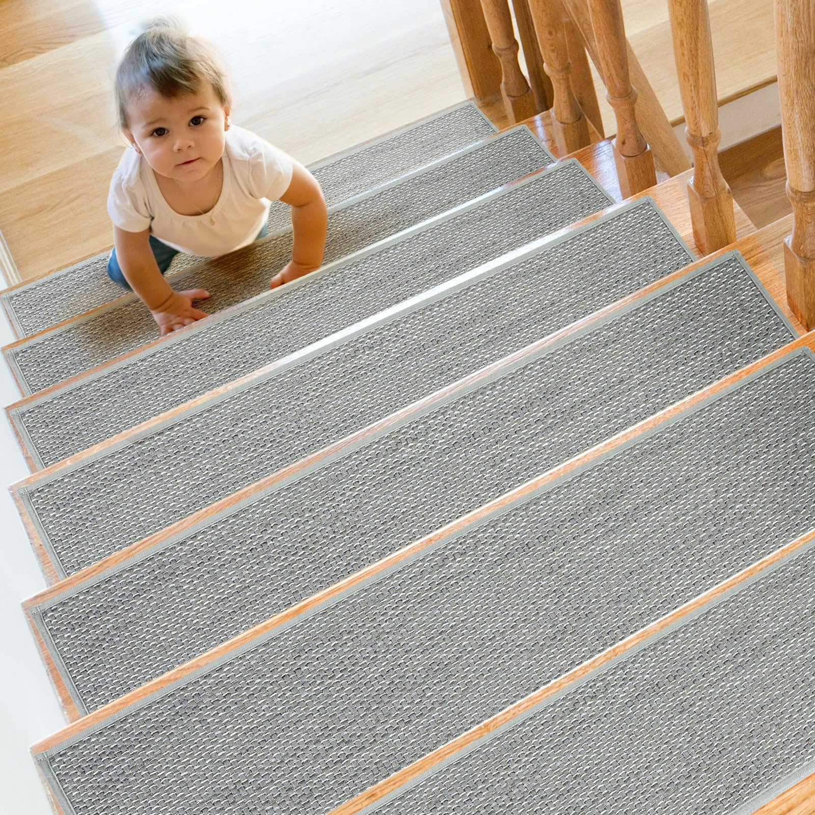 SMILOOL Non-Slip Stair Treads for Wooden Steps Indoor - 15 Pack 8" X 30" Carpet Runner, Reusable Adhesive Rugs for Dogs, Kids, Elders - Machine Washable, Light Grey