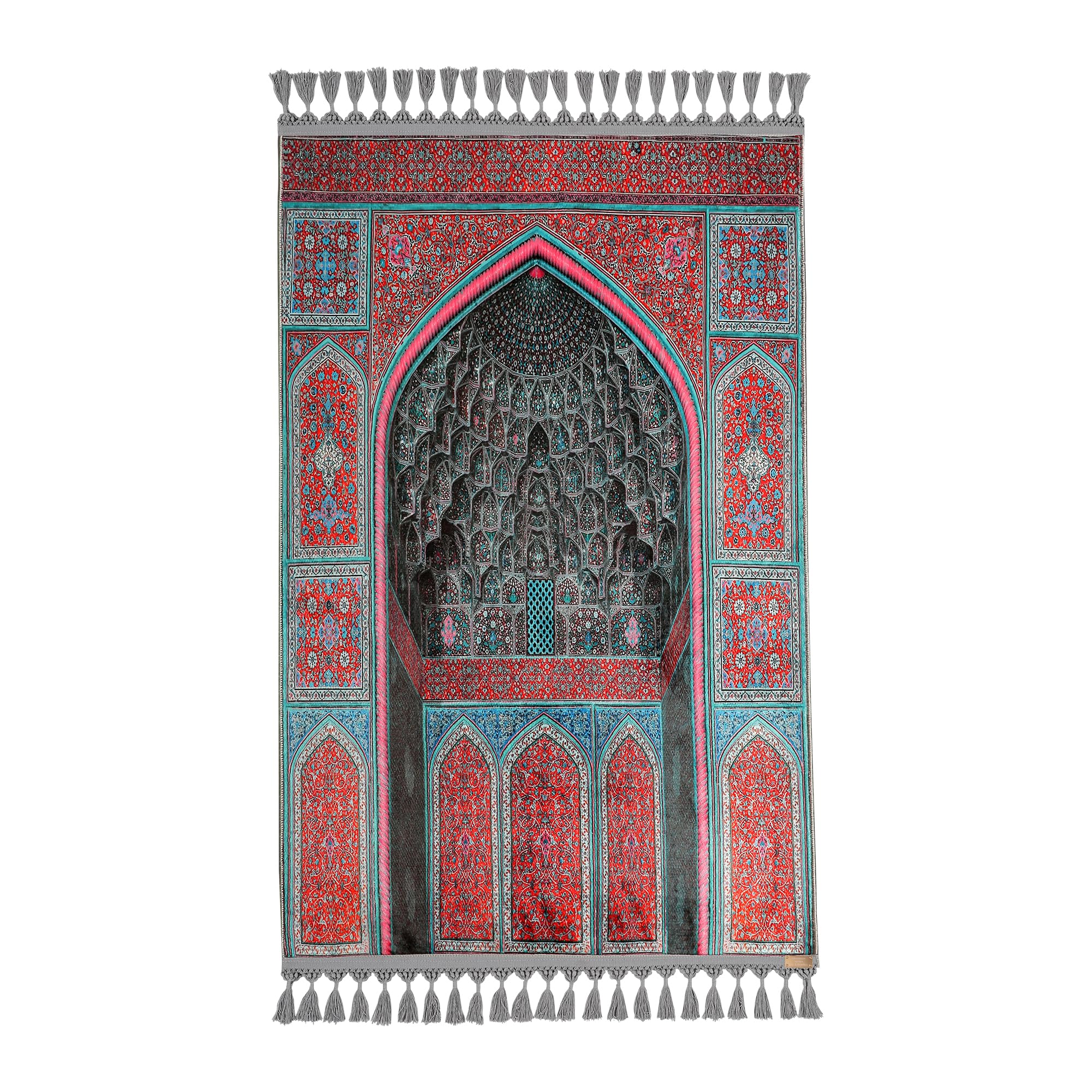 Alfombra de oración turquesa tradicional con diseño de mezquita y arco 3D