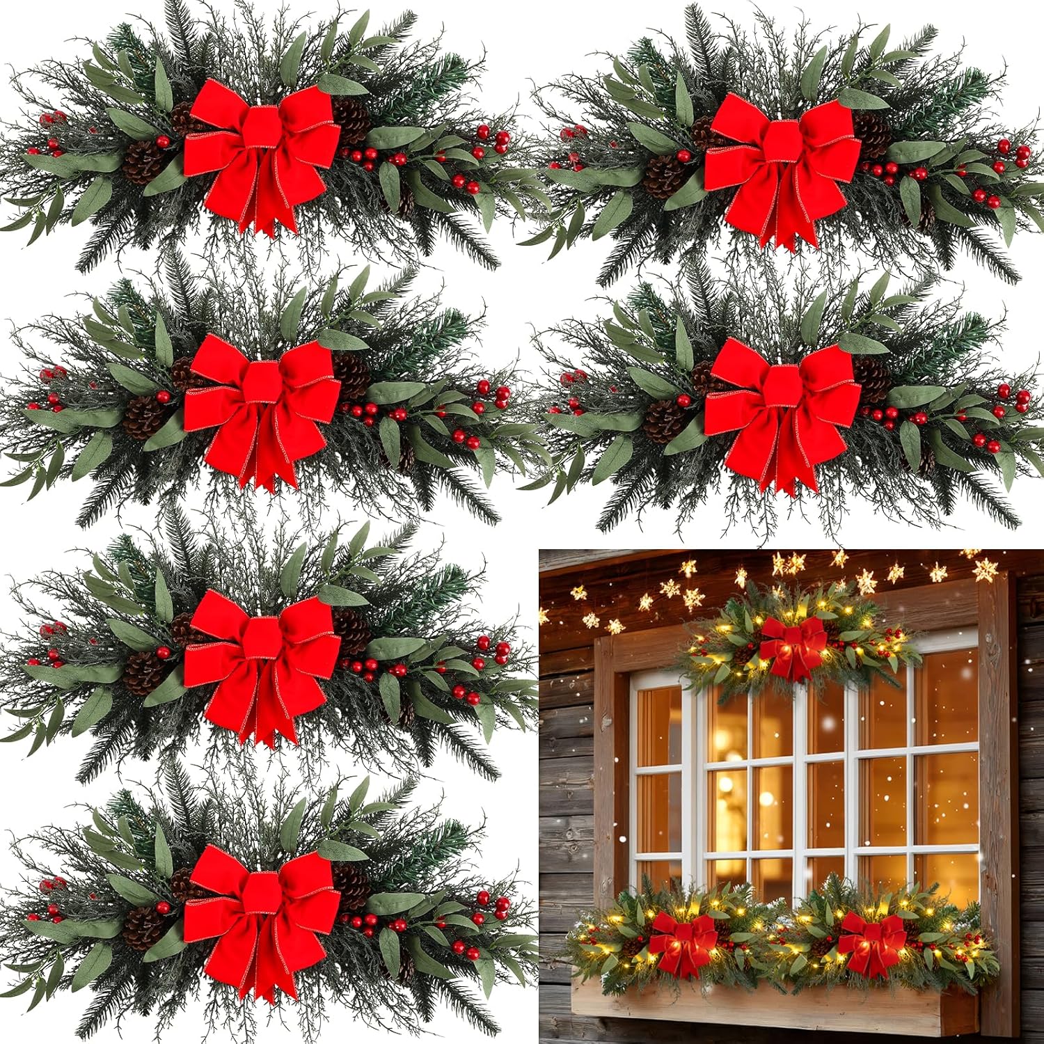 6 Pack 27.5 Christmas Artificial Swags Christmas Red Berries Pine Cones Swag with LED Lights Xmas Window Wreath Front Door Trim Wreath for Outdoor Stairway Fireplace Decoration(Green)