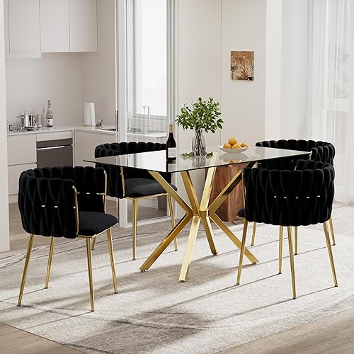 5 Pieces Modern Luxury Glass Dining Set, Minimalist Rectangle Dinner Room Set for 4, 47'' Clear Glass Top Kitchen Table Set with Gold Base, Black Woven Chairs, for Small Apartment Tea