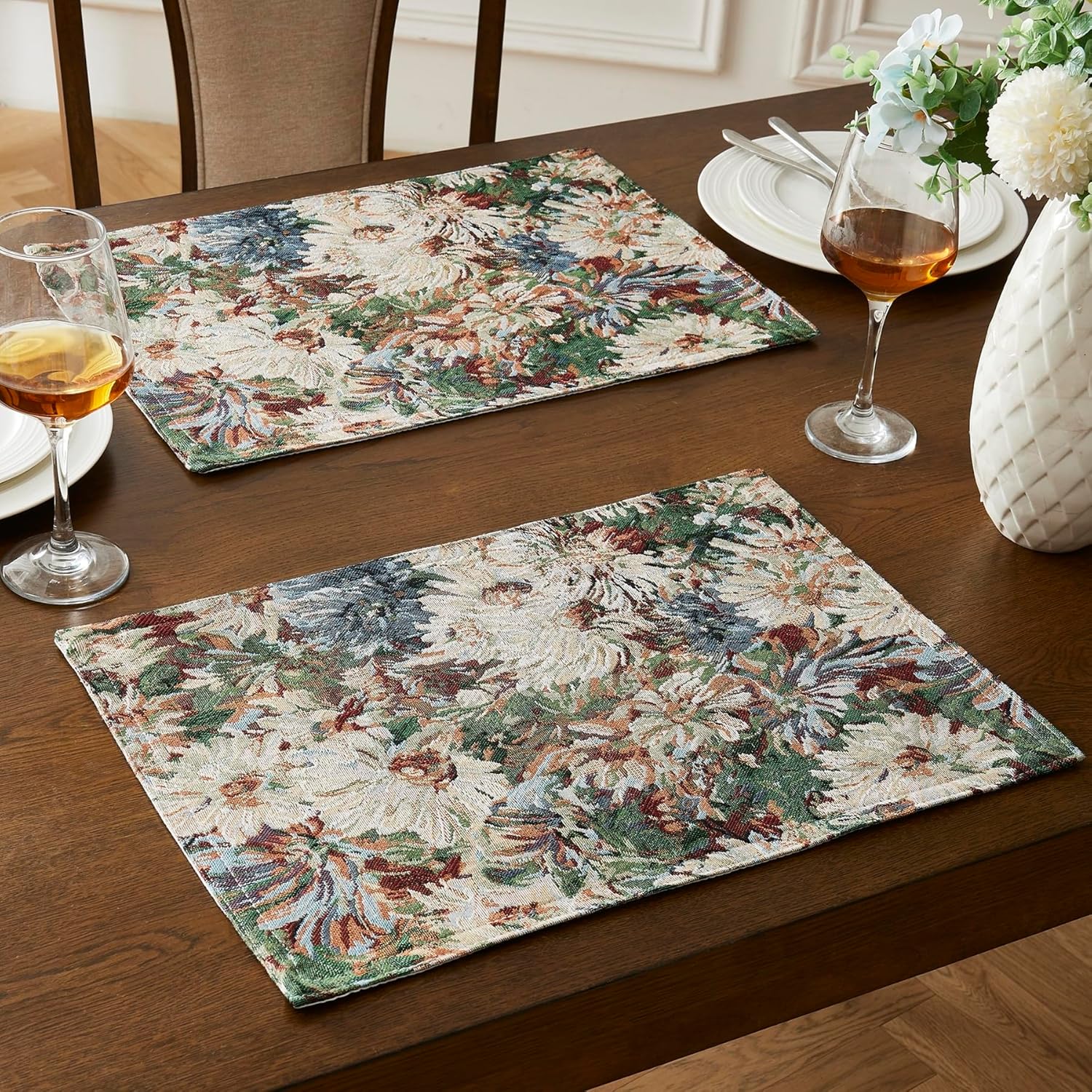 WARM HOME DESIGNS Luxury Table Placemats Set of 4. Beautiful 19 Inch Jacquard Place Mats Embroidered with Intricate Mums Design for Thanksgiving, Christmas or Easter Dining Table Decor. DIN Mums Mat