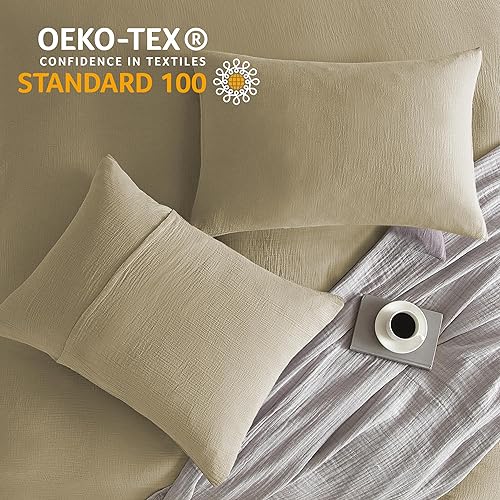 Miniatura 5 de SE SOFTEXLY Juego de funda de edredón de muselina tamaño Queen, 100% algodón lavado, ultra suave como el lino, funda minimalista de 3 piezas con 2