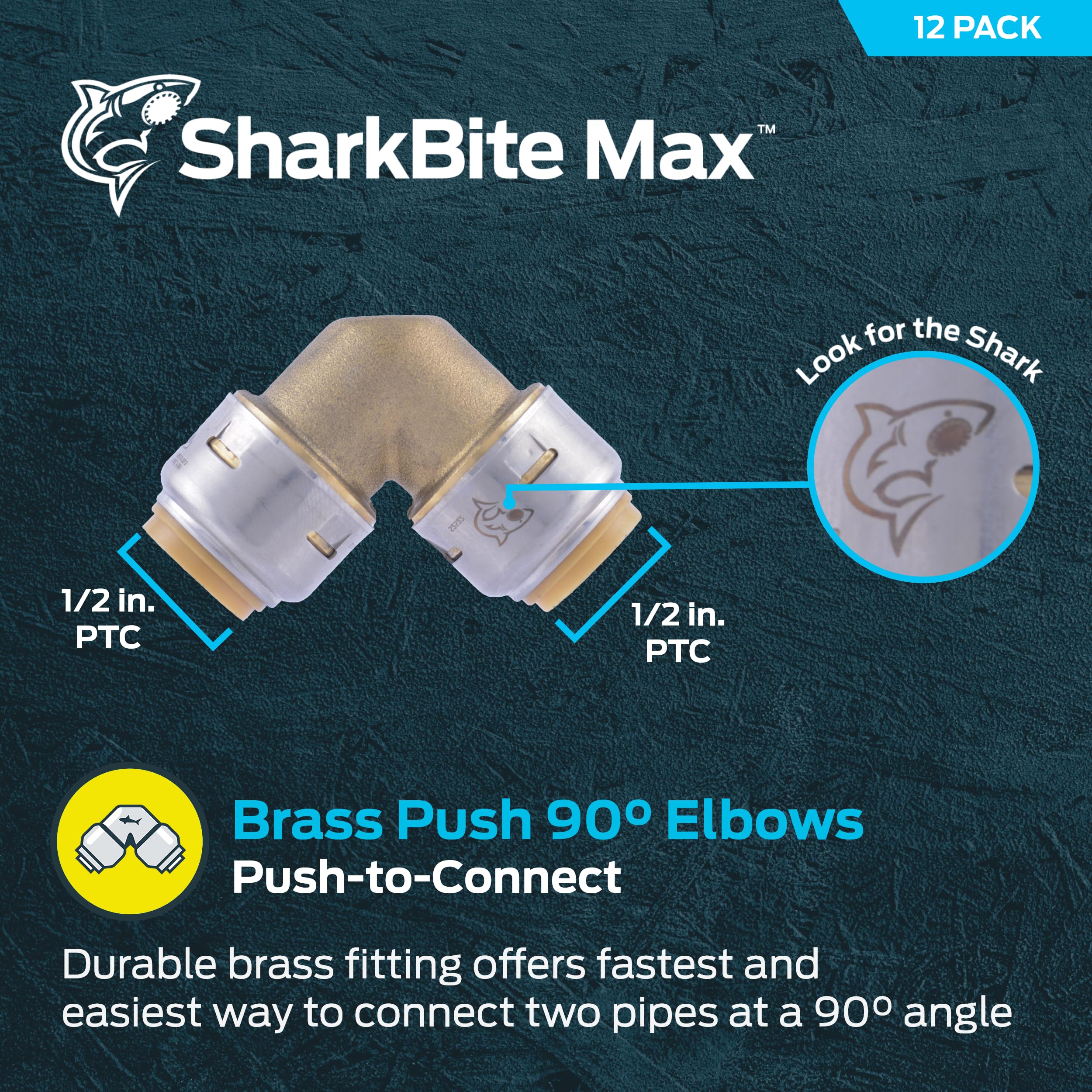 SharkBite Codo máximo de 1/2 pulgada de 90 grados, paquete de 12, accesorio de fontanería de latón a presión, tubo PEX, cobre, CPVC, PE-RT, HDPE, UR248