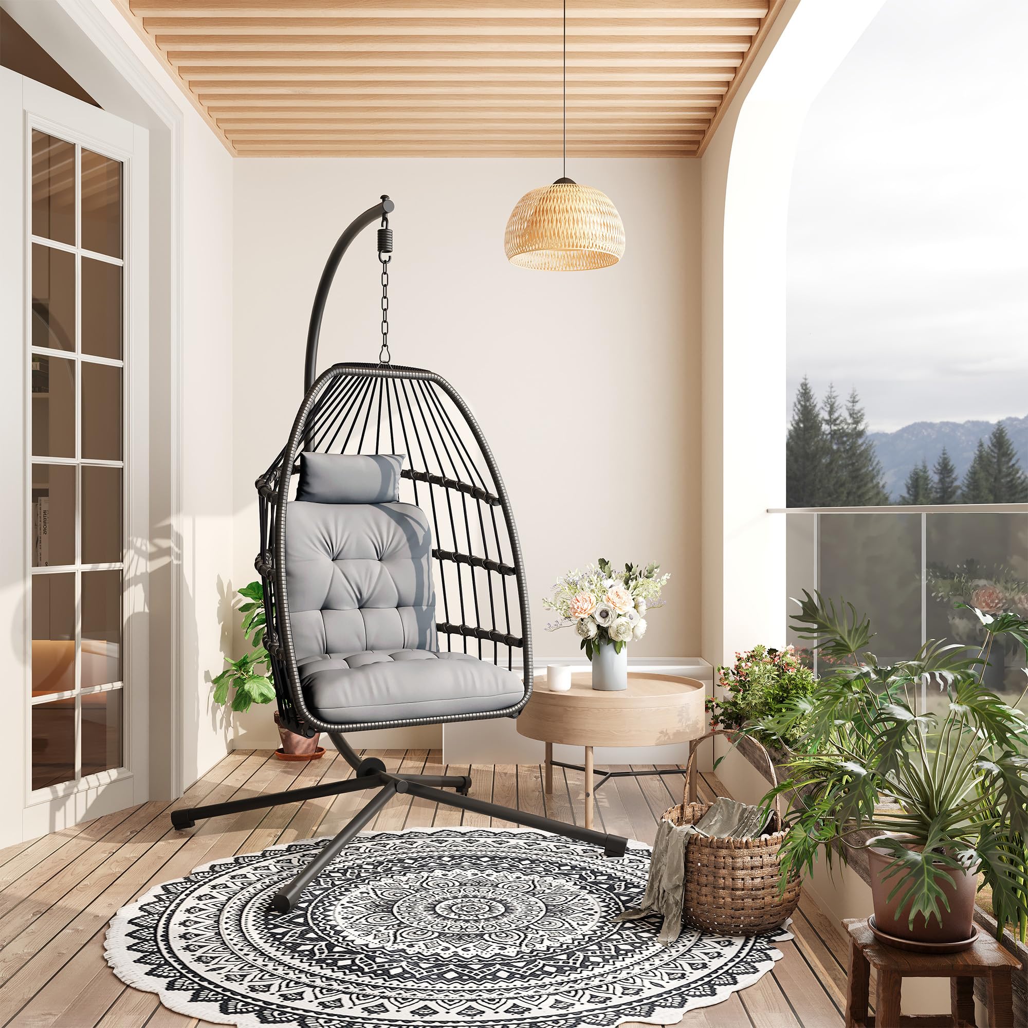 Xbro Silla Colgante de Exterior, Silla Colgante Huevo con Estructura de Acero y 4 Pies en Base, Columpio Jardin Exterior/Interior, Plegable, Capacidad 160Kg - Gris