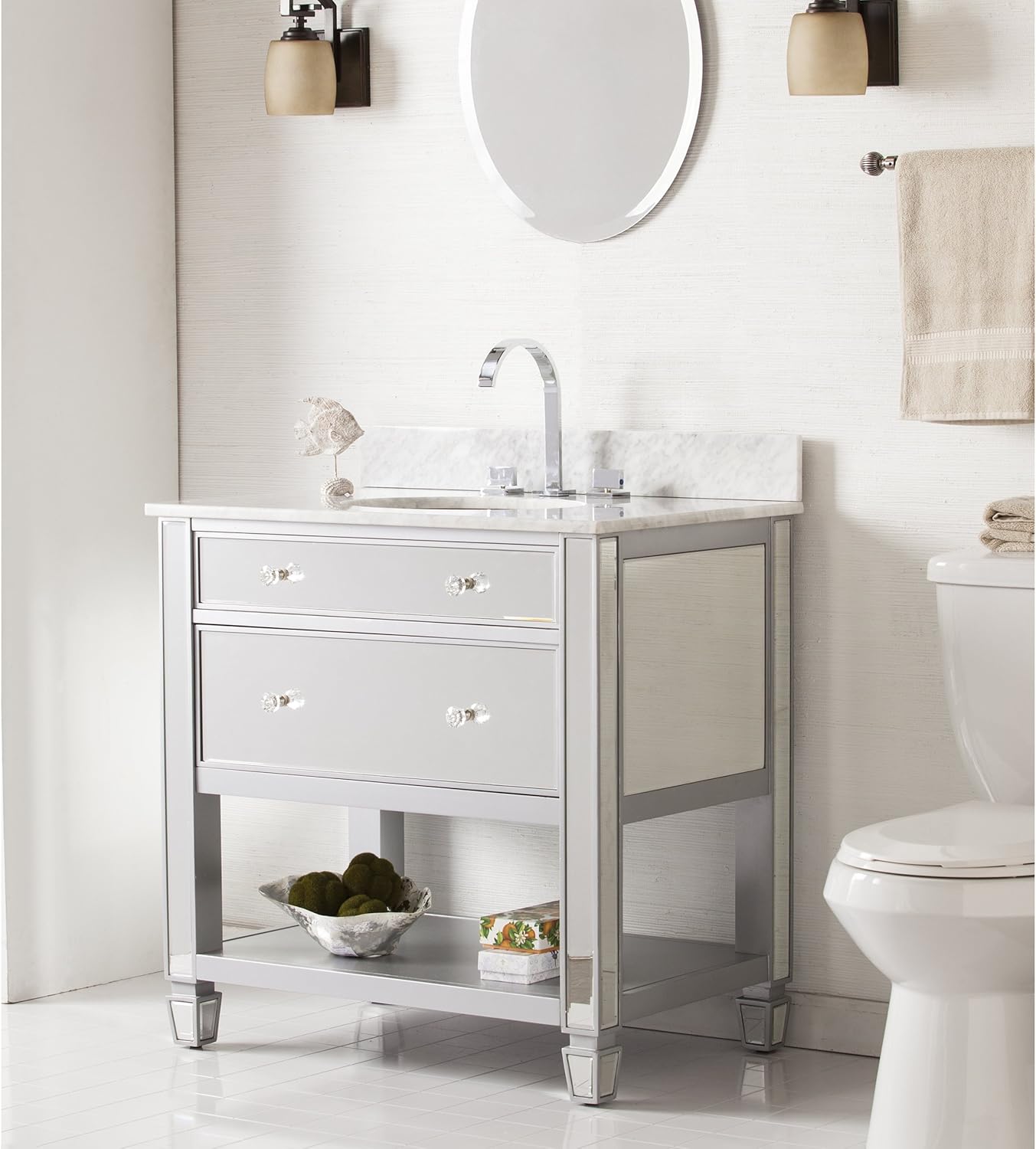 50% Off Discount SEI Furniture AMZ1187TB Mirage Mirrored Vanity Marble Top Bath Sink, Silver