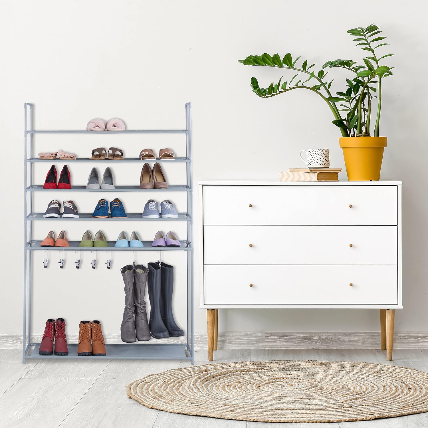Relaxdays Shoe Rack 6 Tiers, Plug-In System, 20 Pairs of Shoes, 7 Boot Hooks, Metal & Fabric, Hallway Shoe Rack, Grey