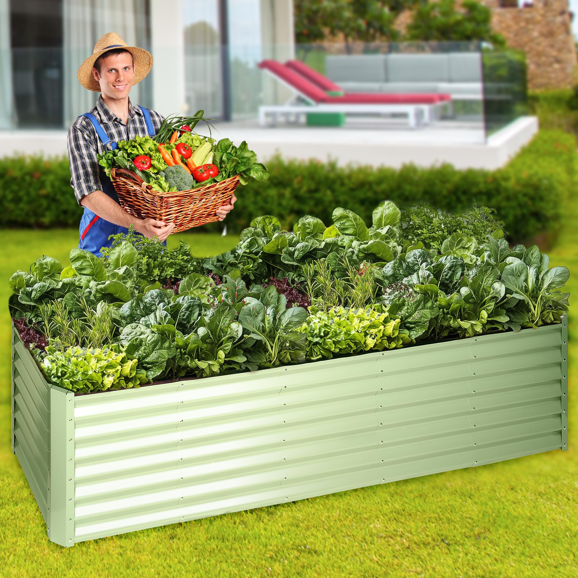 DlandHome Galvanized Raised Garden Bed Kit,8 x 2 x 2FT,Avocado Green Outdoor Garden Bed Planter Box for Vegetables,Flowers & Herbs Grow,Standing Raised Beds for Backyard,Lawn
