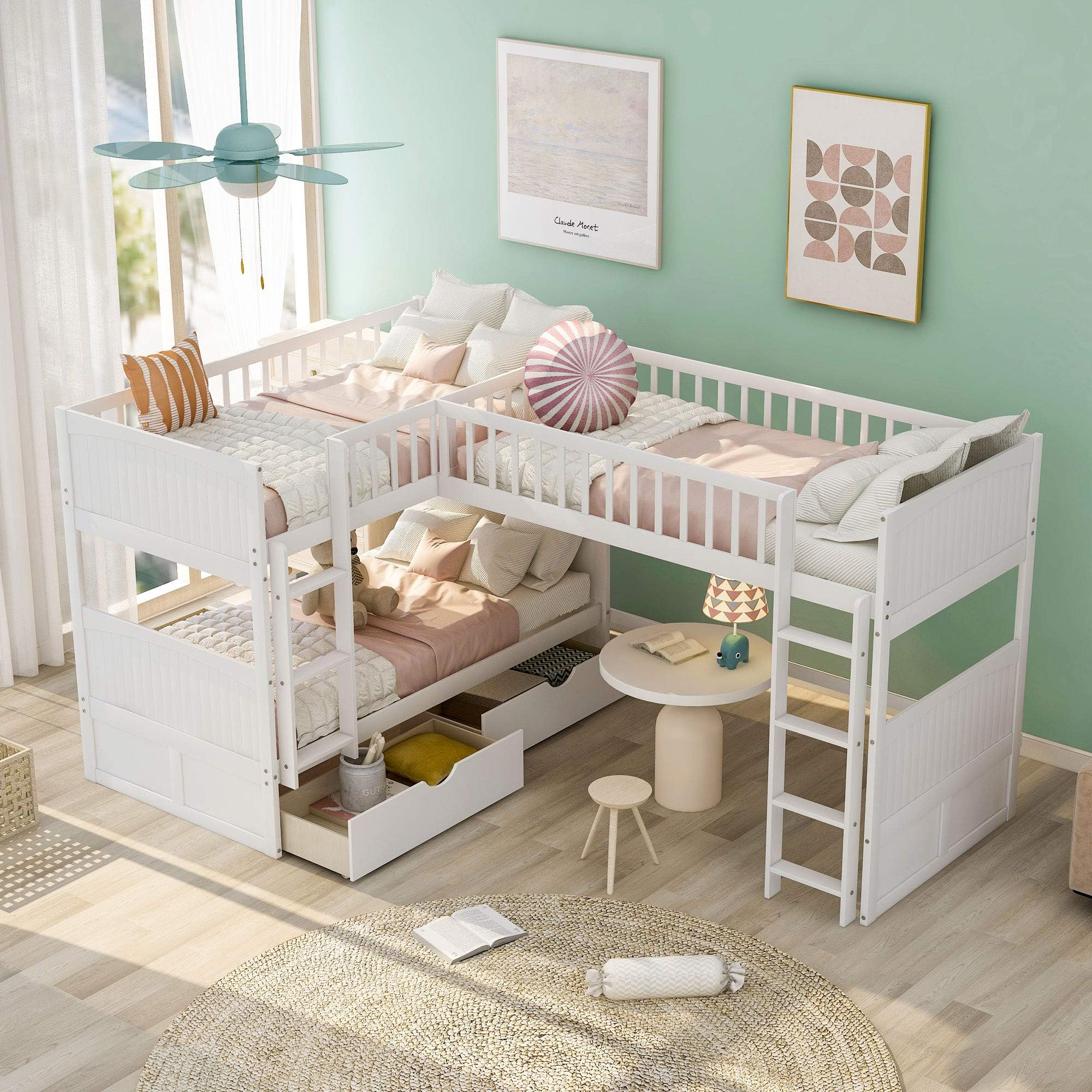 Amazon.com: BIADNBZ Twin Over Twin Bunk Bed with a Loftbed Attached ...