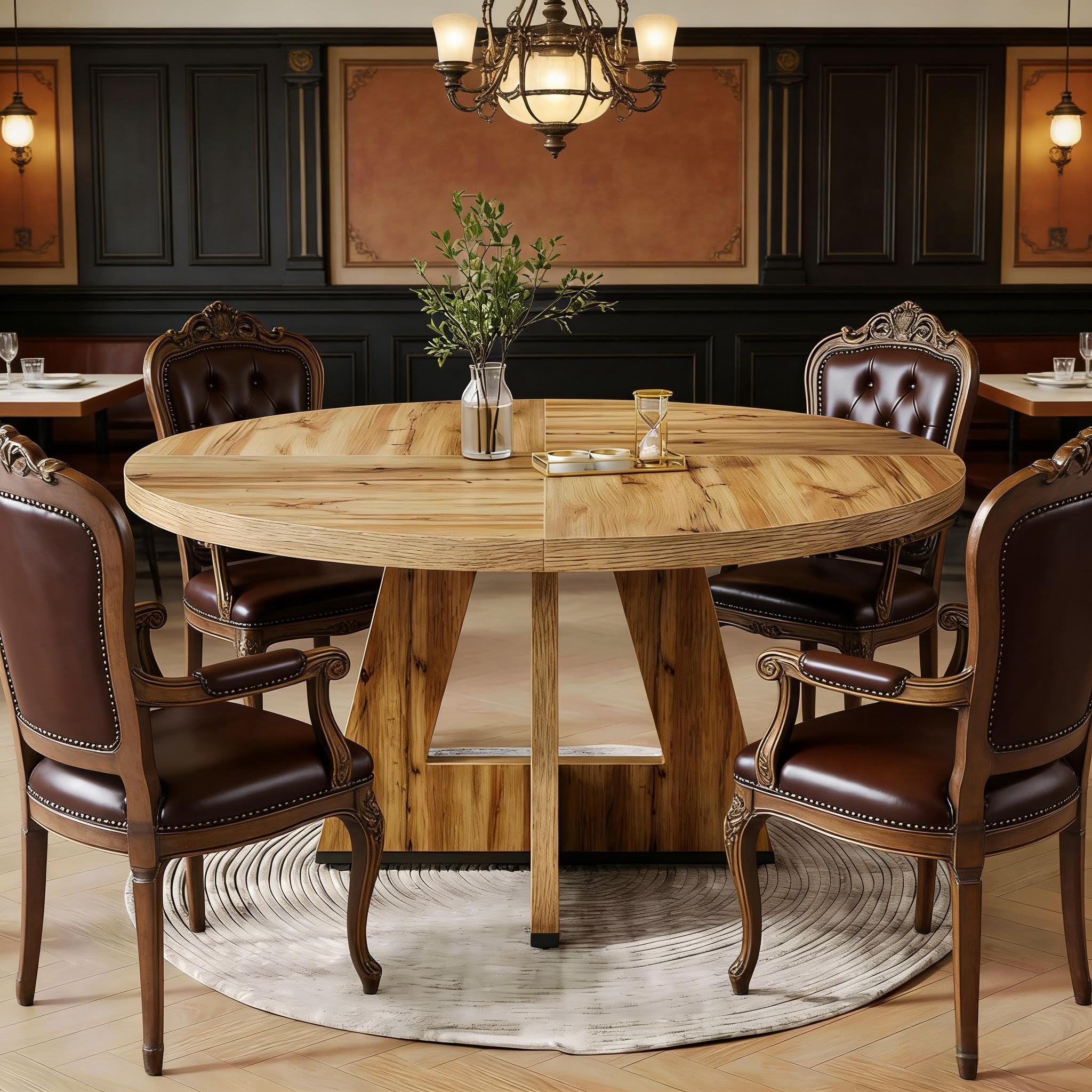 Tavolo da pranzo rotondo 120 cm in stile fattoria, tavolo da cucina in legno, tavolo da pranzo per 4 persone, design rustico, colore naturale