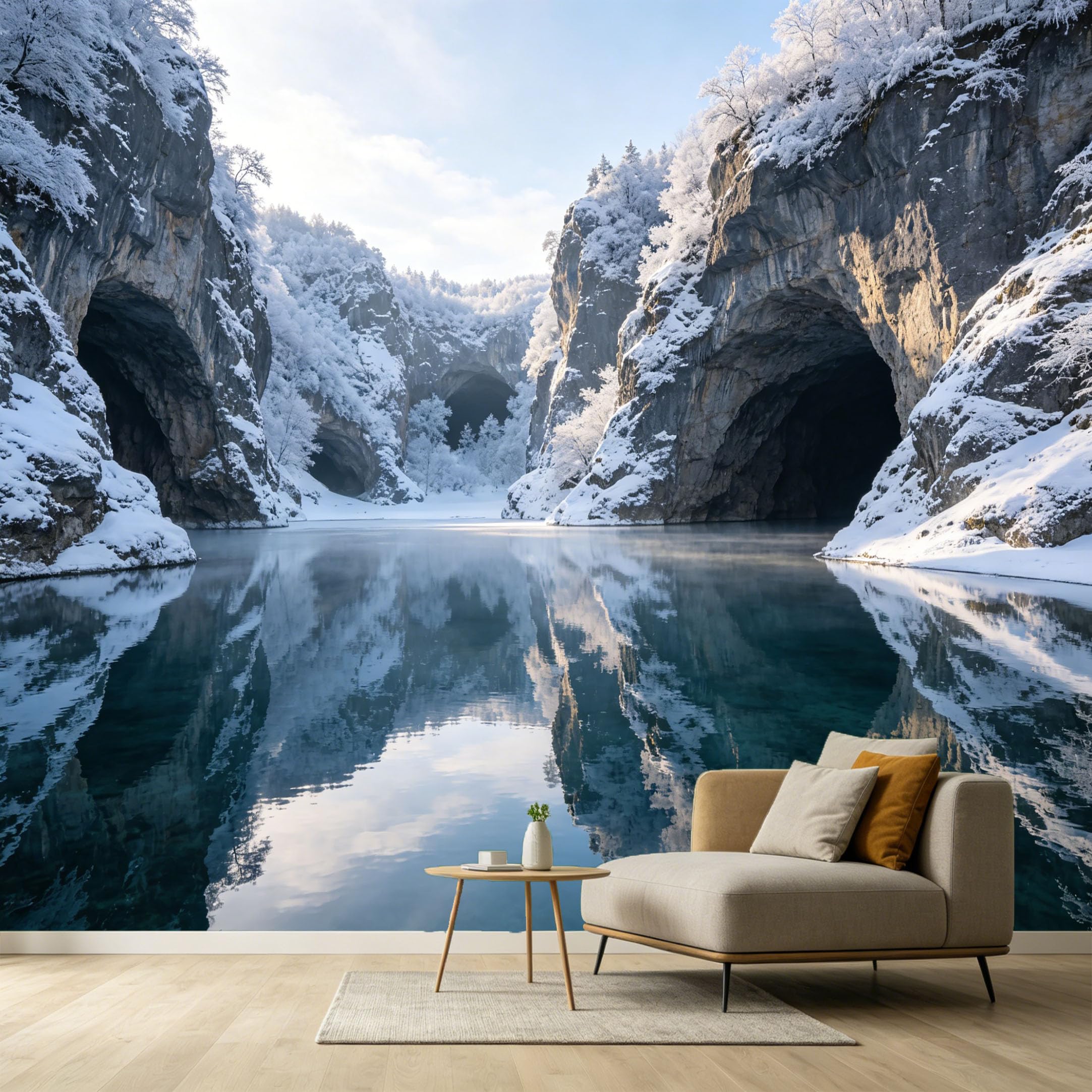 Custom Size Wall Murals Snowy Cliff Mountain Lake Landscape 3D Trompe L'Oeil SelfAdhesive Wall Fabric Removable Large Wallpaper for Photo Living Room