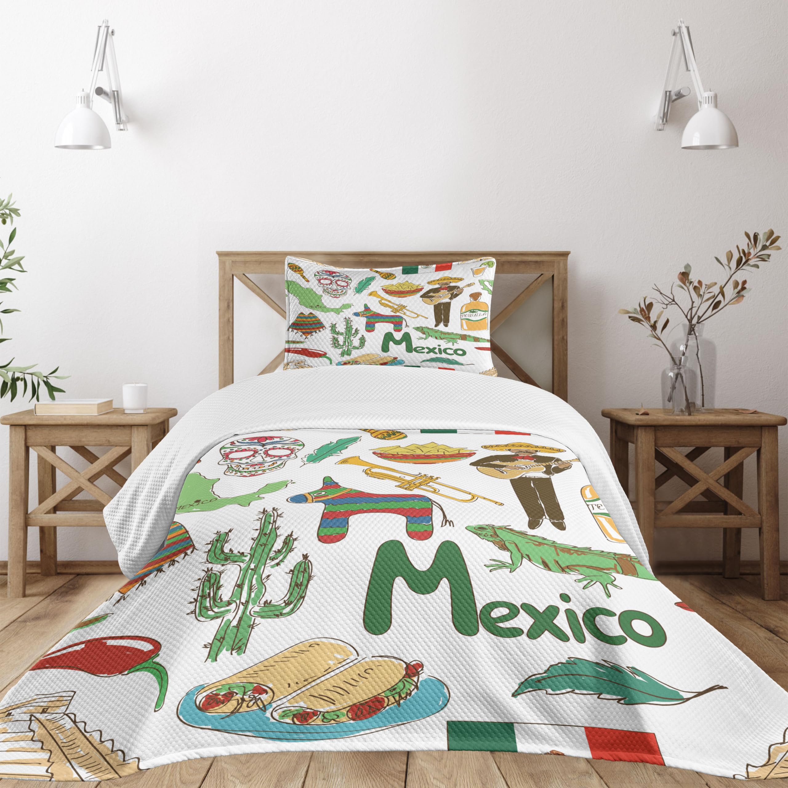 Colcha mexicana individual divertida mostaza con cactus y funda almohada