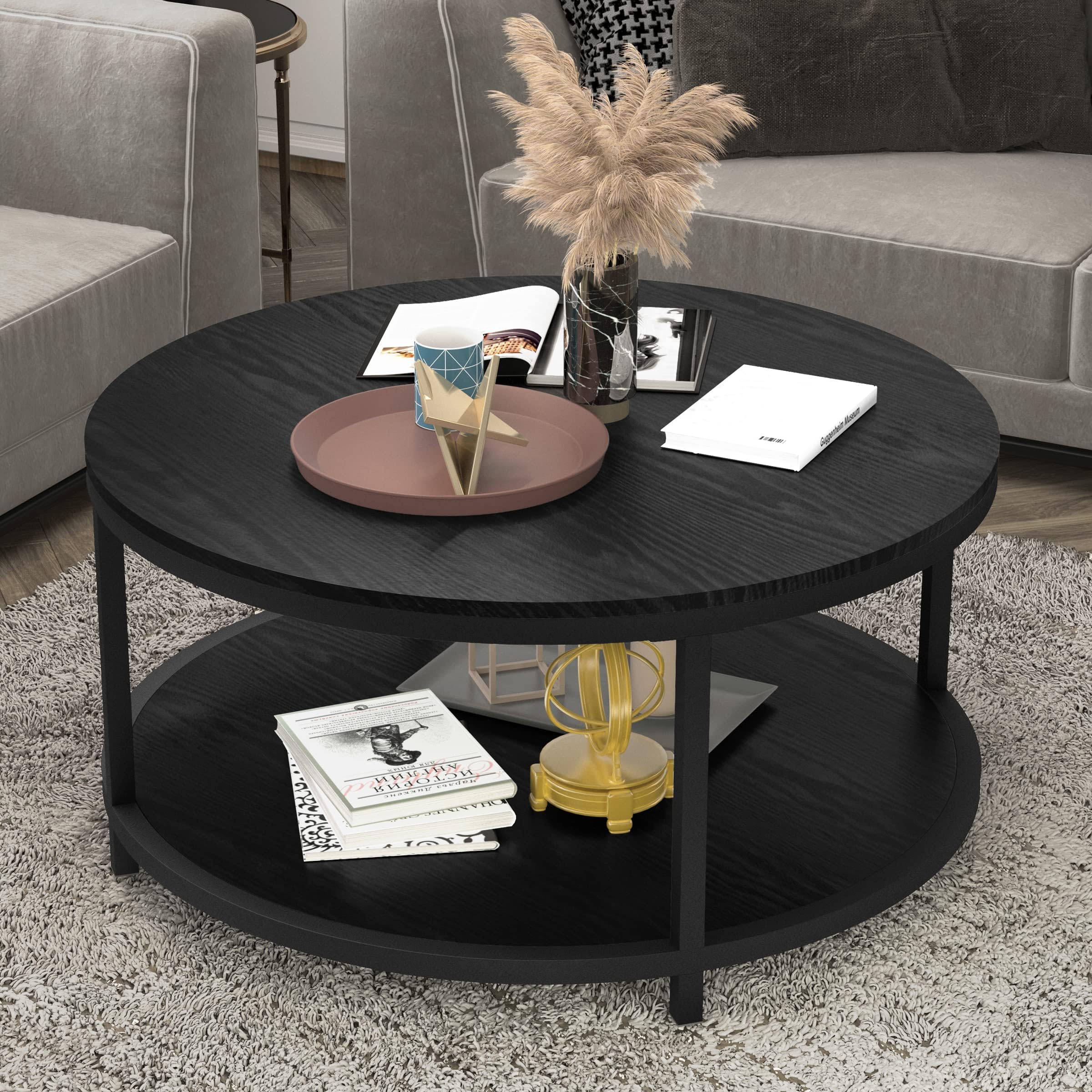 NSdirect 36Â” Wood Round Coffee Table, Industrial Wood Top & Sturdy Metal Legs for Living Room Modern Design Home Furniture with Storage Open Shelf (Black)