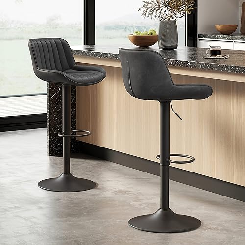 Miniatura 6 de Volans Juego de 2 taburetes de bar, modernos de cuero sintético de mediados de siglo, altura ajustable, altura de mostrador, silla de bar con