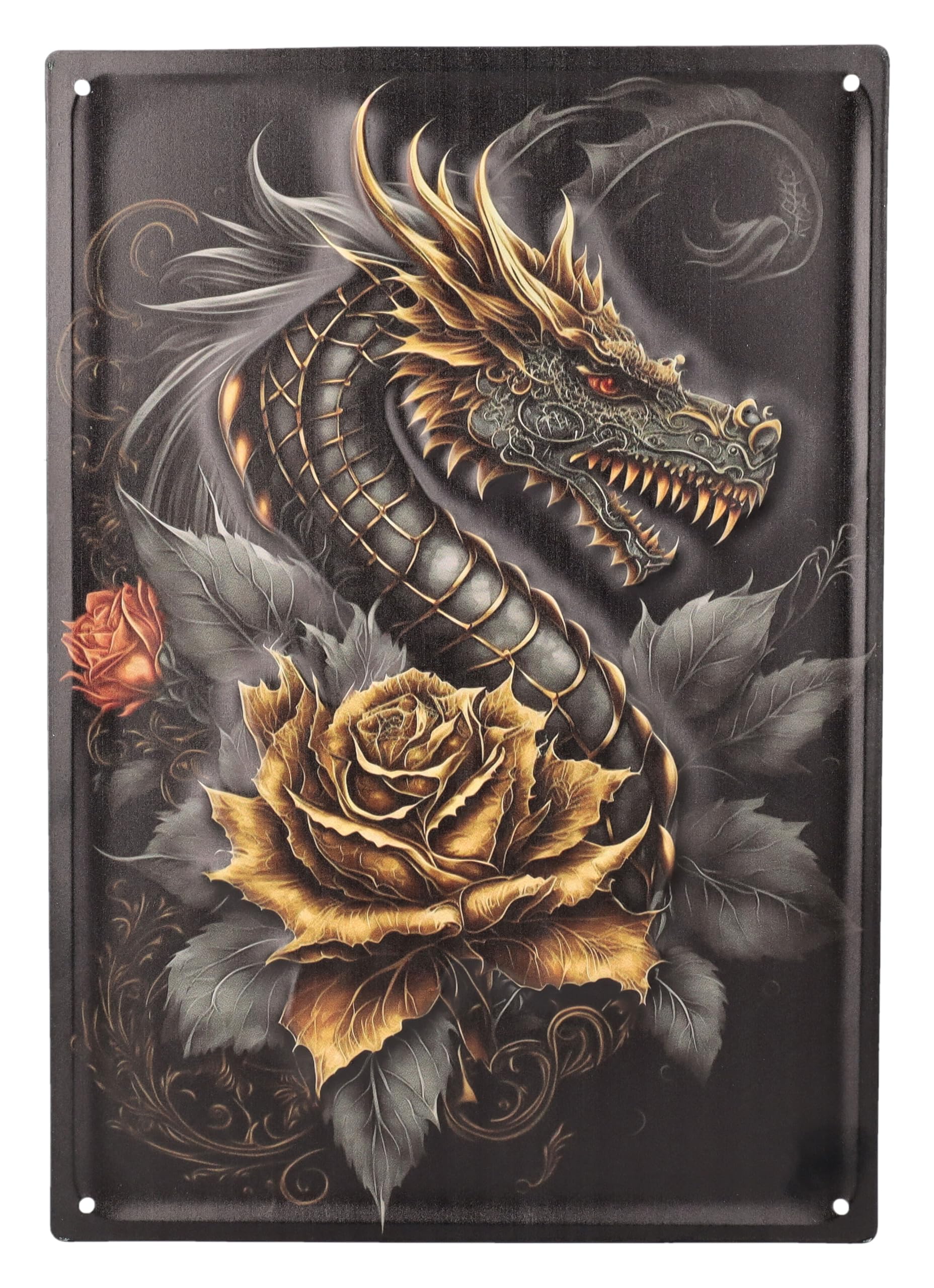 Plaque en tôle avec roses dorées et dragon pour habiller un mur vide