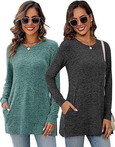 Miniatura 7 de 2 sudaderas casuales de manga larga para mujer, cuello redondo, sin botones, con bolsillos laterales, túnica de otoño