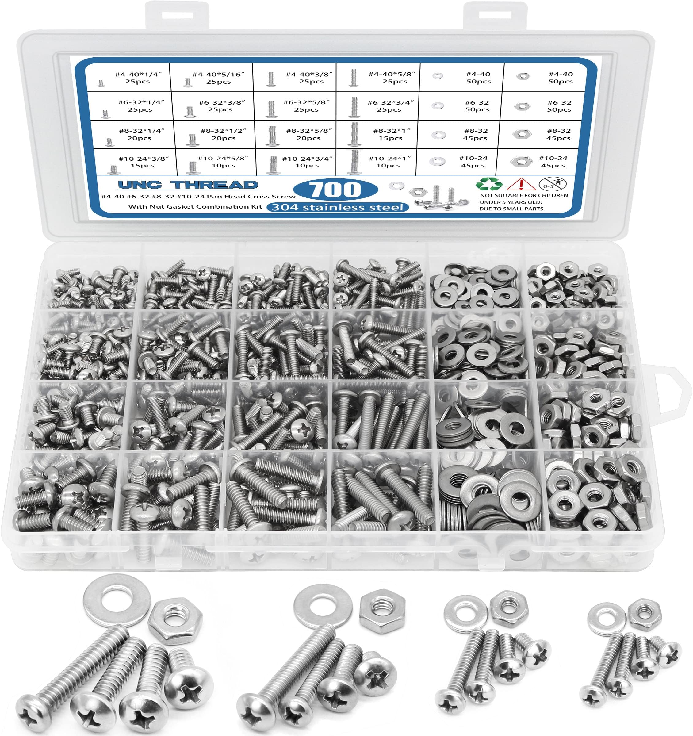 700Pcs Nuts and Bolts Assortment Kit, SATANTECH 4-40#6-32#8-32#10-24 Phillips Pan Head Assortment Stainless Steel Bolts Nuts Flat Washers Nuts Bolts with Case