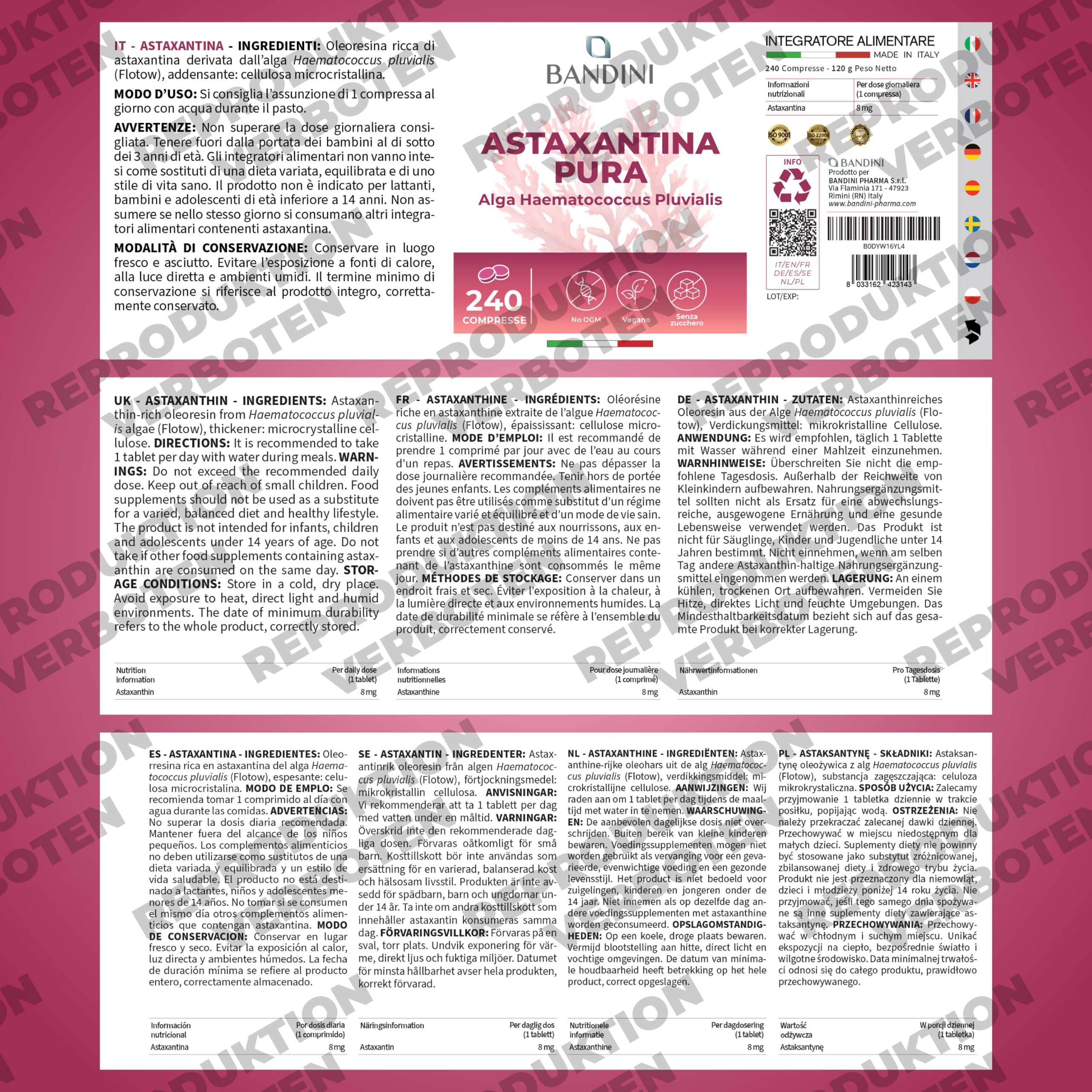Bandini® Astaxanthin 8mg 240 Tabletten für 8 Monate (1 Tablette pro Tag) | | Hochdosiert 8 mg pro Tablette | Natürliches Astaxanthin aus Haematococcus Pluvialis Algen | Magnesiumstearatfrei, GMO-frei
