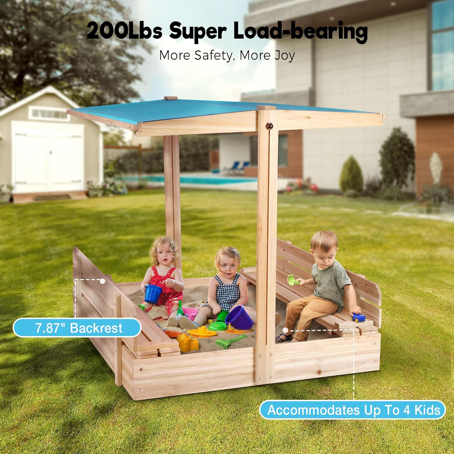 Sandbox with Lid and Cover, Wooden Cabana Sand Box with Canopy for Kids Ages 4-8, Retractable & Rotatable Roof, UV-Resistant Sandbox w/2 Foldable Bench Seats for Backyard, Patio, Outdoor Play