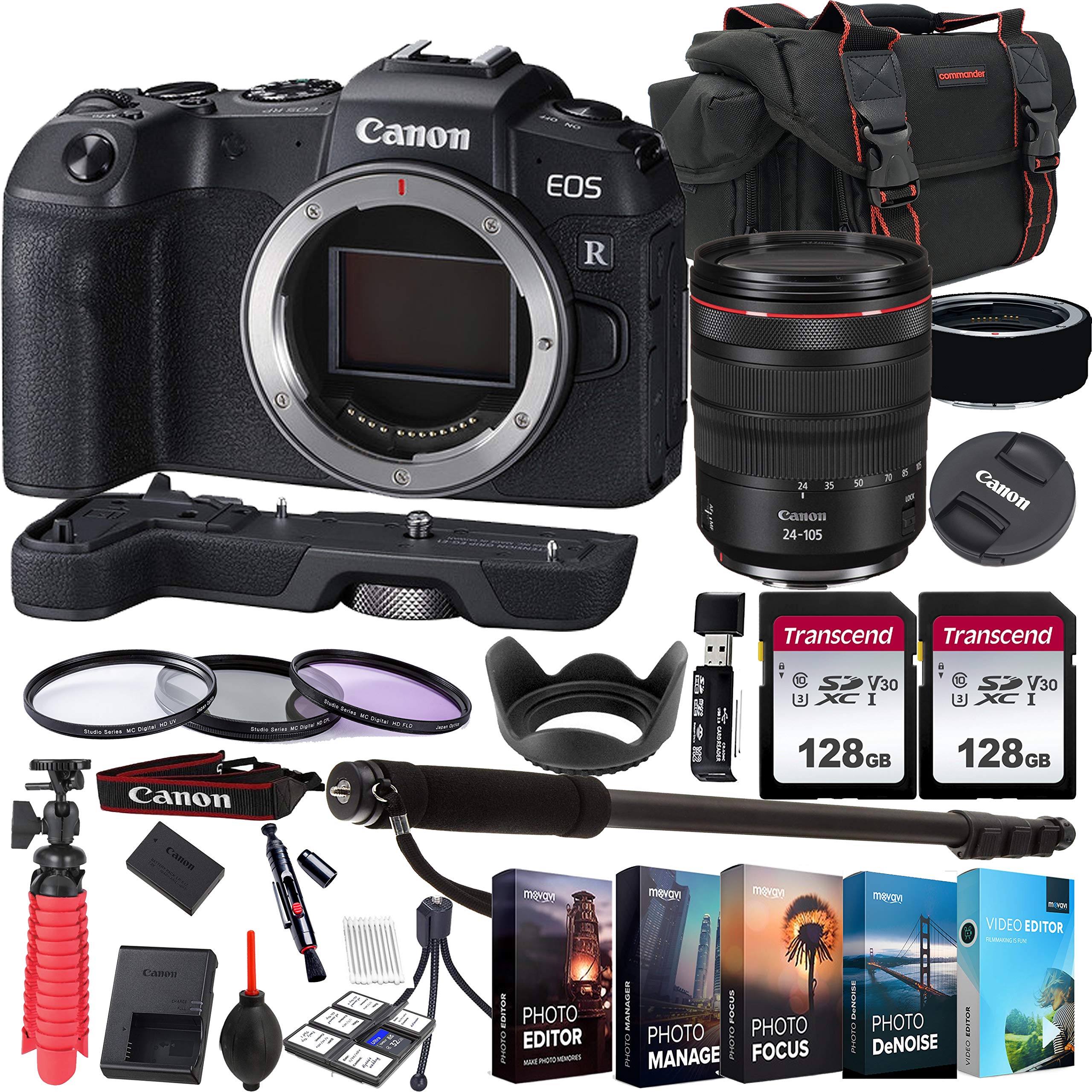 Canon EOS RP Mirrorless Camera with RF 24-105mm f/4L is USM Lens+ 256GB Memory + Extension Grip + Photo Editing Software + Accessory Bundle (27pcs)