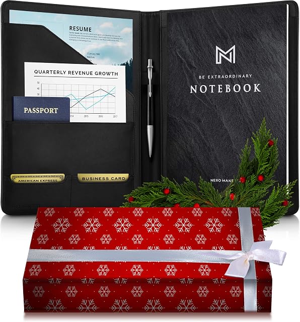 NERO MANETTI- Leather Portfolio Folder - Business PU Leather Portfolio Notepad Holder for Resumes, Legal Pad Portfolio Executive Binder, Professional Padfolio Notebook for Women/Men (Black)
