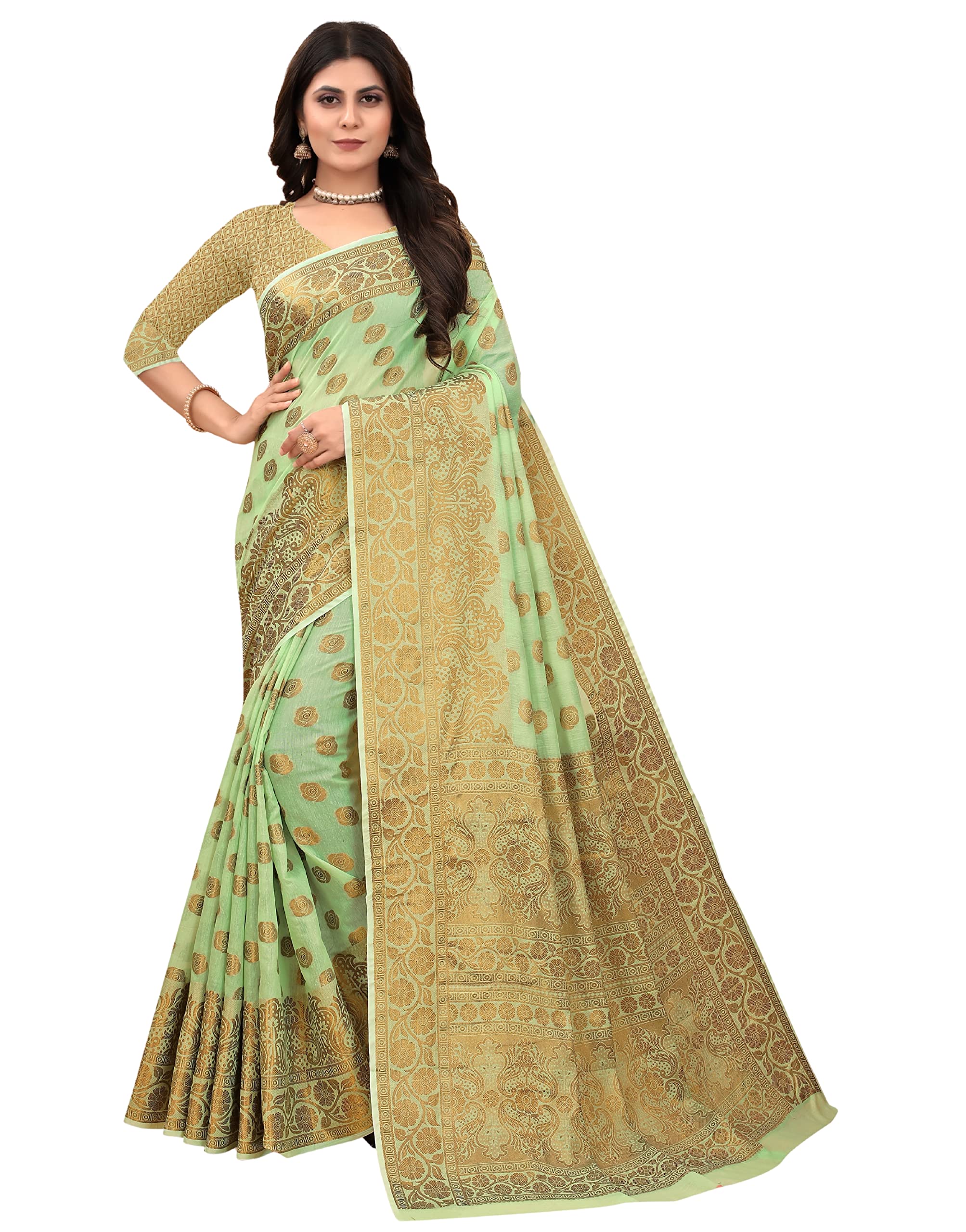 C J EnterpriseWomen's Kanjivaram Cotton Silk Saree Banarasi With Blouse Piece (Pari103 paithani)