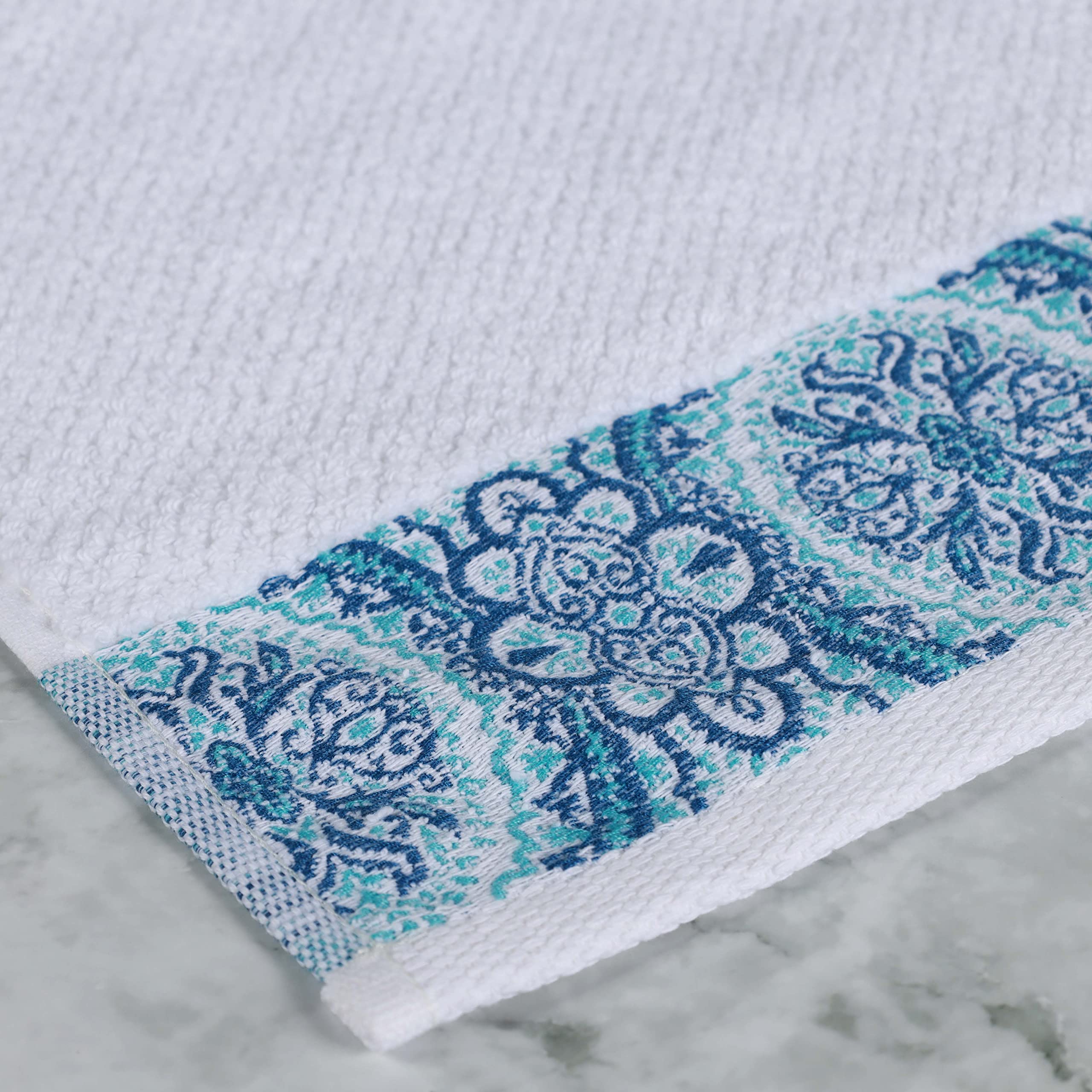 Superior Medallion Lot de 12 débarbouillettes en coton absorbantes, jacquard texturé, séchage rapide, douche, spa, cuisine, essentiels de salle de bain, petites serviettes, blanche-turquoise