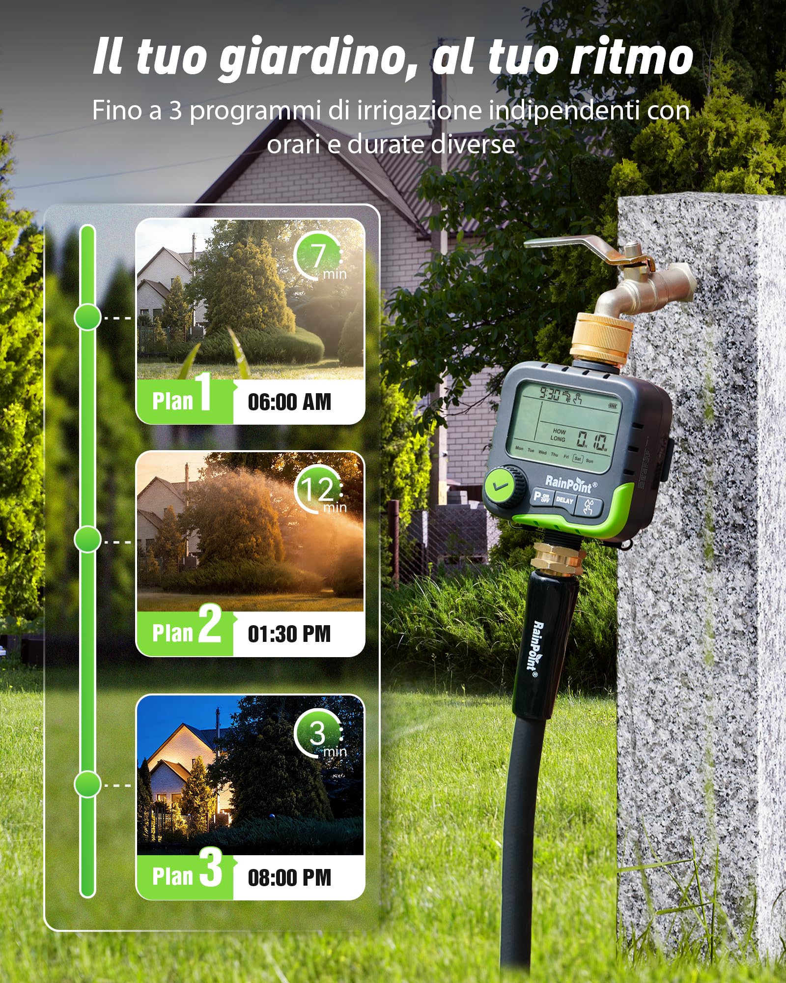 RAINPOINT Timer Irrigazione ITV156 Kit Solare, Timer Rubinetto per Giardino e Prato, con Pannello Solare e 2 Batterie AA Ricaricabili, 3 Programmi Indipendenti, Ricarica Solare Continua