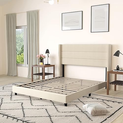 Miniatura 4 de Merrick Lane Percy - Cama de plataforma moderna, lino sintético beige, tamaño Queen, cabecero acolchado con respaldo con alas cosidas de canal,