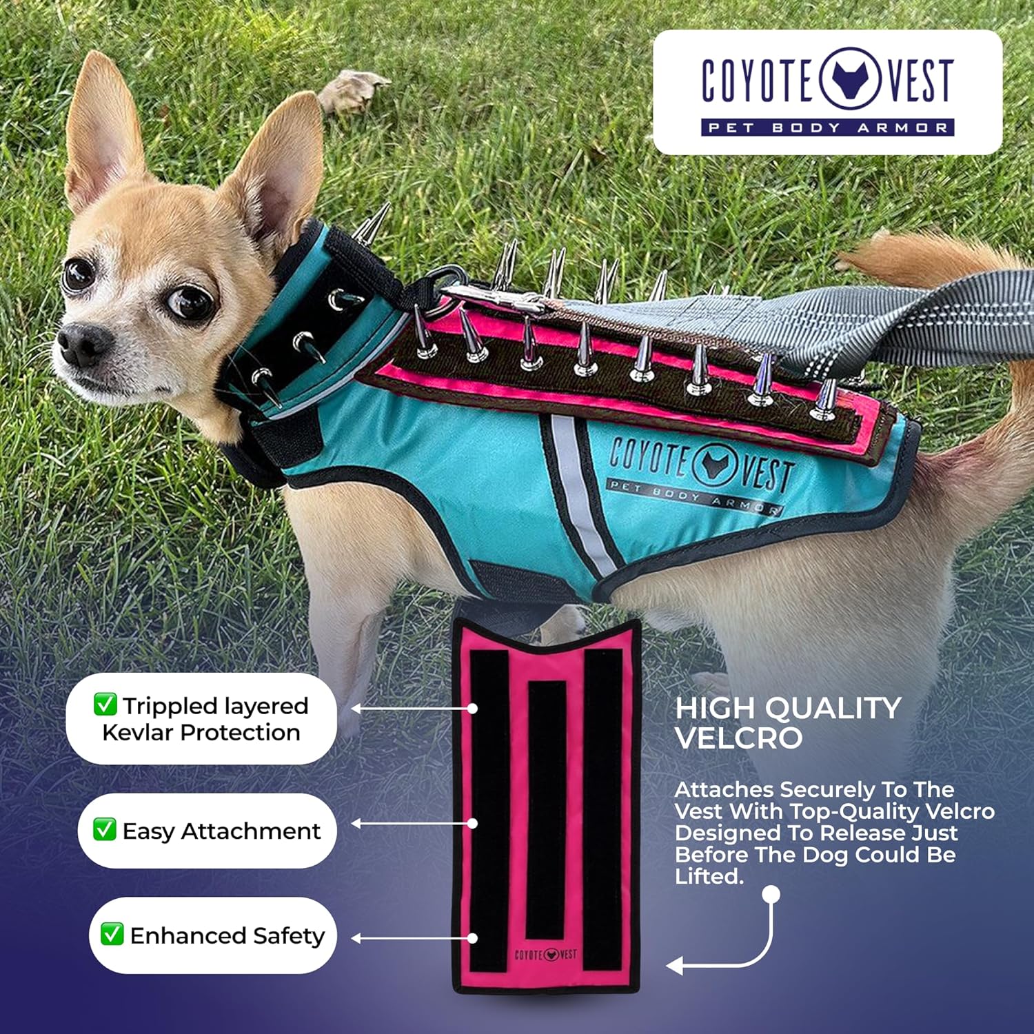 CoyoteVest SpikeVest Dog Harness Vest with Spikes & HawkShield Pad Bundle- Protective Dog Vest with Kevlar Shield for Dogs, Anti-Hawk, Raptor & Predator Safety Armor, Made in USA (Small-Pink)