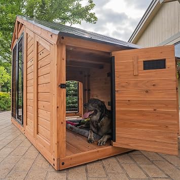 Backyard Discovery 7' x 5' Waggin' Retreat Cedar Wood Large Dog Kennel with Galvanized Steel Roof, Feeding Door, Doghouse Back Door, Water and Food Tray, Secure Lock Gate for Safe Outdoor Pet Shelter