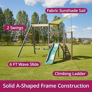 Plum Barbary Wooden Toddler Swing Sets for Backyard with Wave Slide, Playground Sets for Backyards, Kids Outdoor Play Equipment with Adjustable Swings, Climbing Ladder, Sturdy, Weatherproof, Age 3+yrs