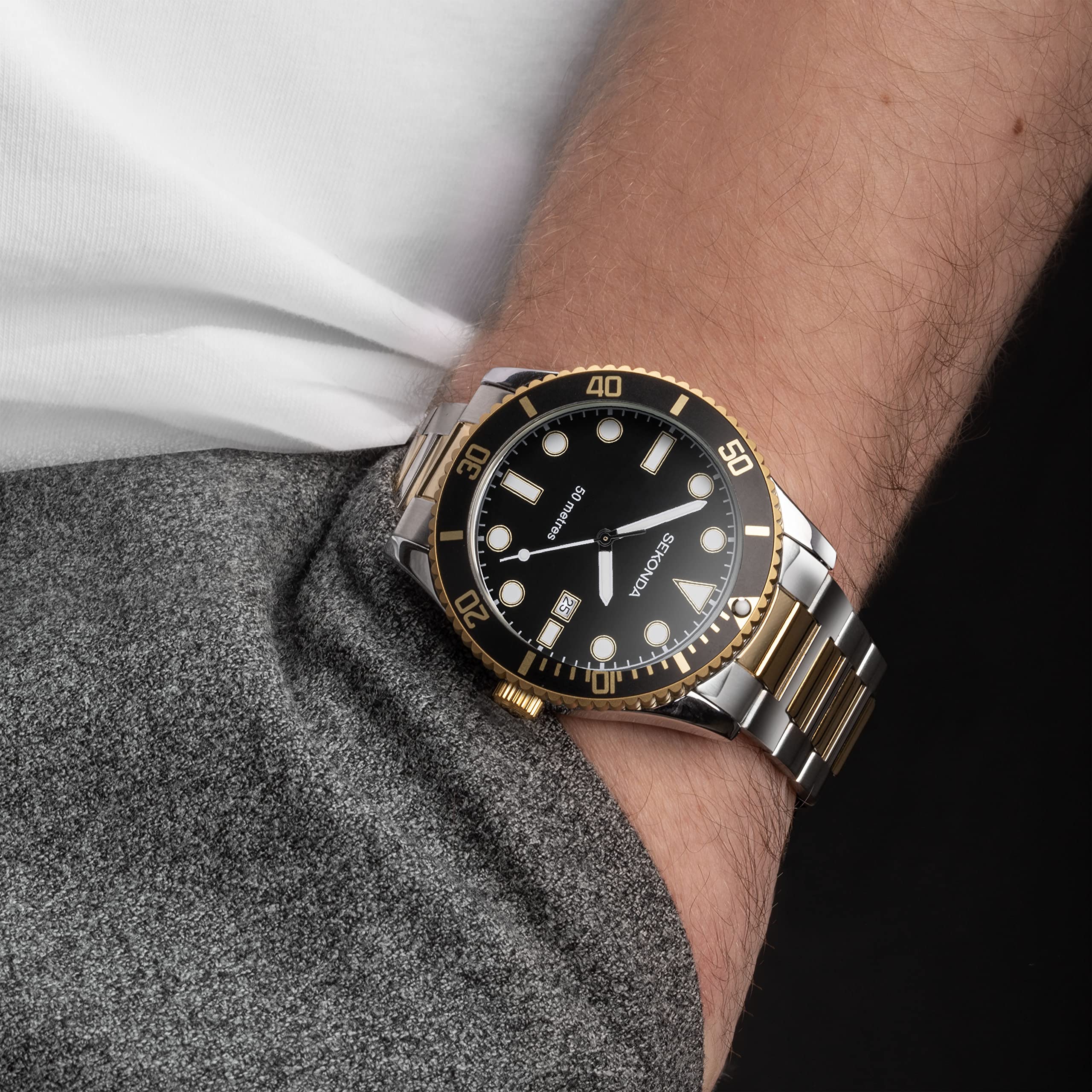 Sekonda Dive Oceans - Orologio al quarzo da uomo, 43 mm, con datario analogico e cinturino in acciaio inossidabile, Nero/Due Tonalità, Bracciale