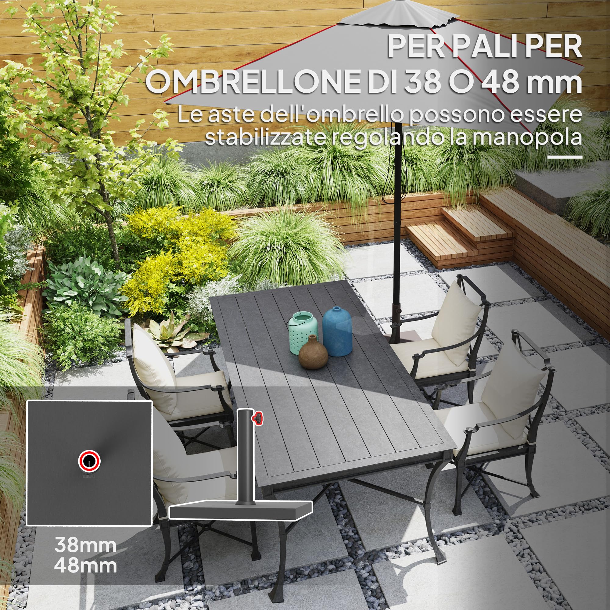 Outsunny Base per Ombrellone da Giardino in HDPE e Cemento, Basamento per Ombrellone Quadrato con Manovella Integrata, Supporto per Ombrelloni Ø38/48 mm, per Esterno, Bar, Patio, Peso 18 kg, Nero