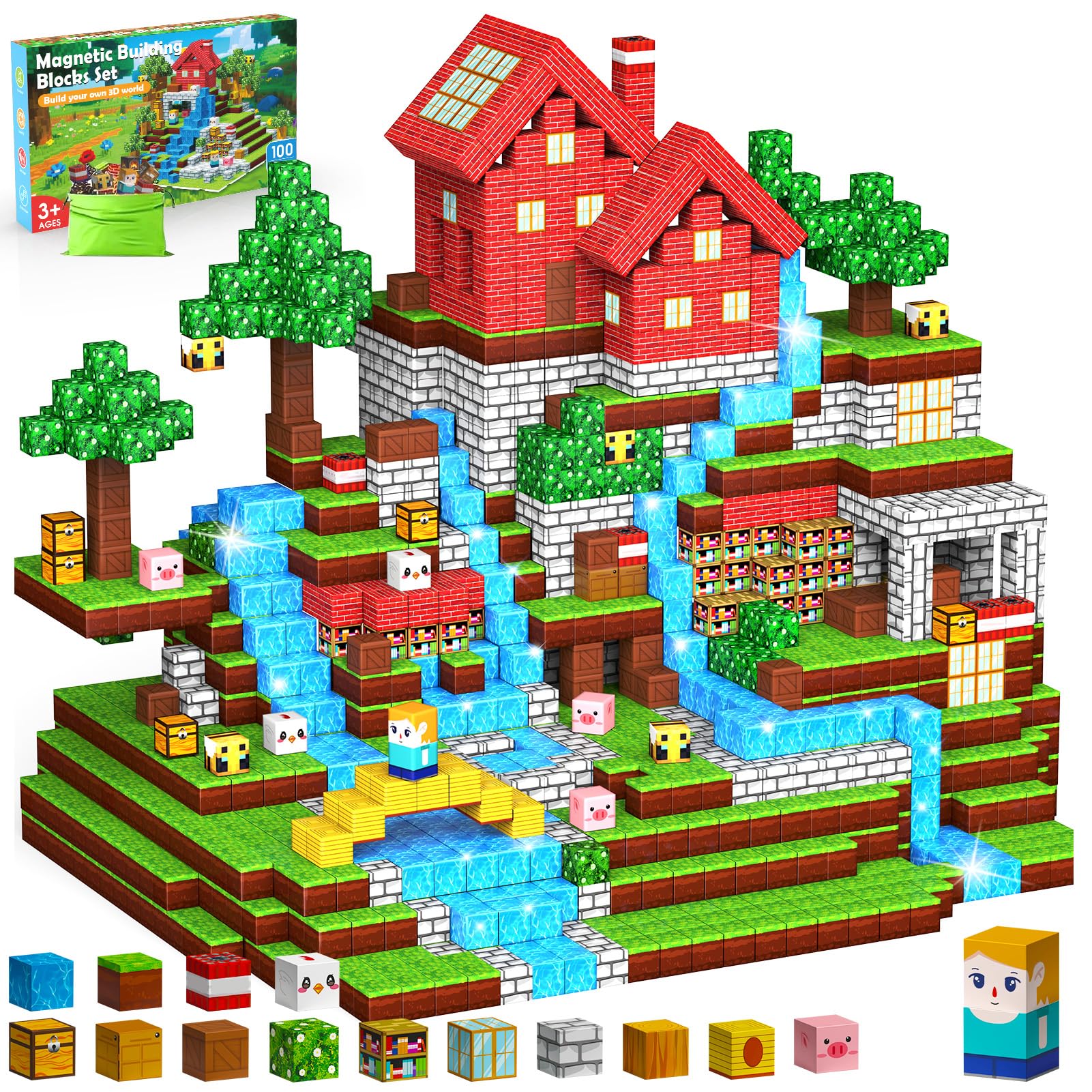 iKidiki 100 Pcs Magnetic Blocks, Toys for 3 4 5 6 Year Old Boys Girls