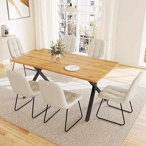 Juego de mesa de comedor de 7 piezas para 6 personas, mesa de cocina MDF de 63 pulgadas con 6 sillas tapizadas, patas de metal para comedor, cocina