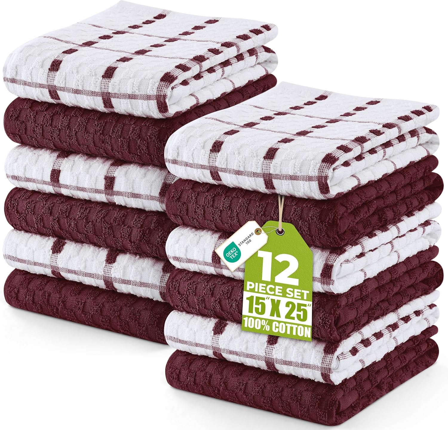 Utopia Towels - Kitchen Towels 12 Pack, 15 x 25 Inches, 100% Ring Spun Cotton Super Soft and Absorbent Linen Dish, Tea and Bar Towels Set, Burgundy