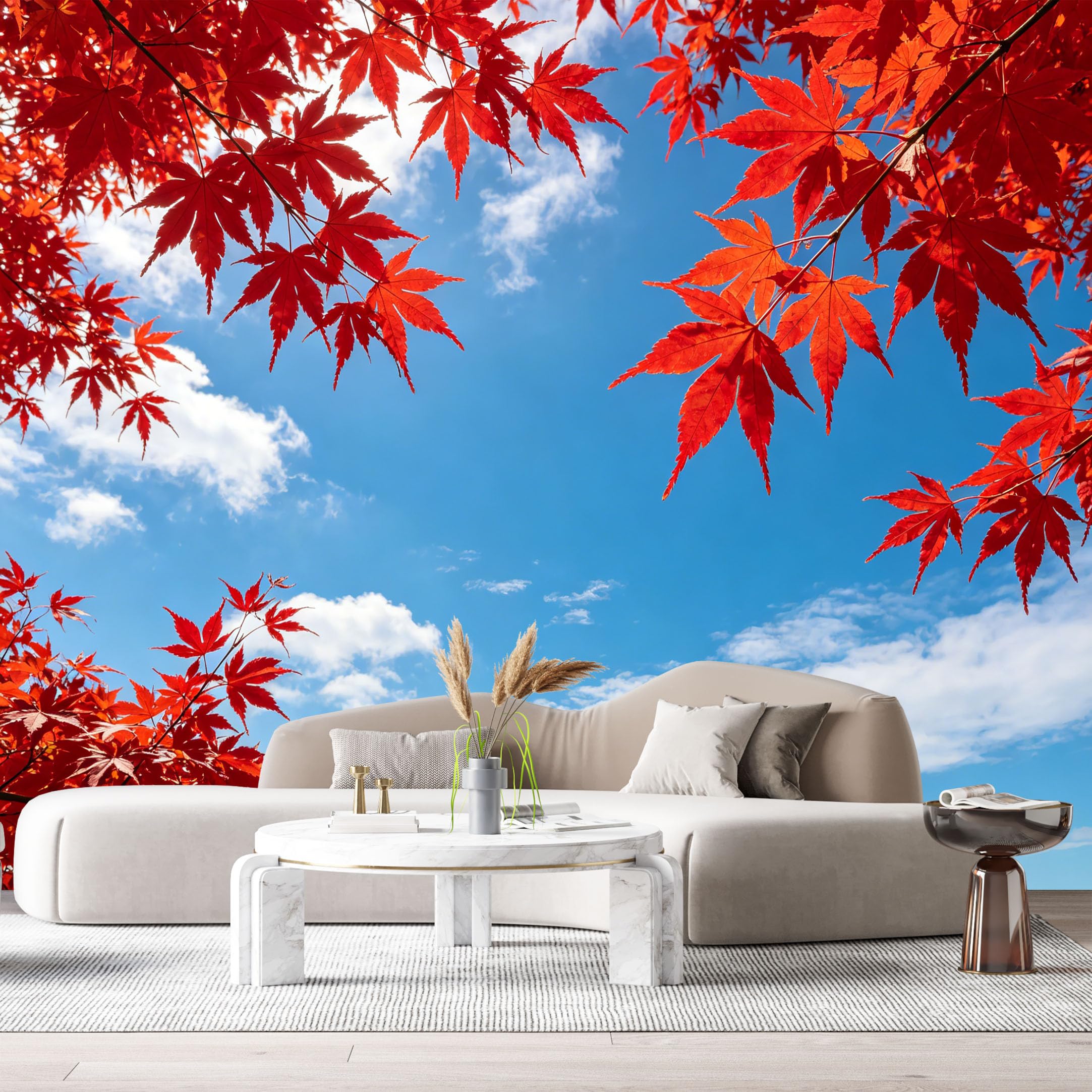 Custom Size Wall Murals Autumn Maple Leaves Landscape Blue Sky Natural View SelfAdhesive Wall Fabric Removable Large Wallpaper for Photo Living Room