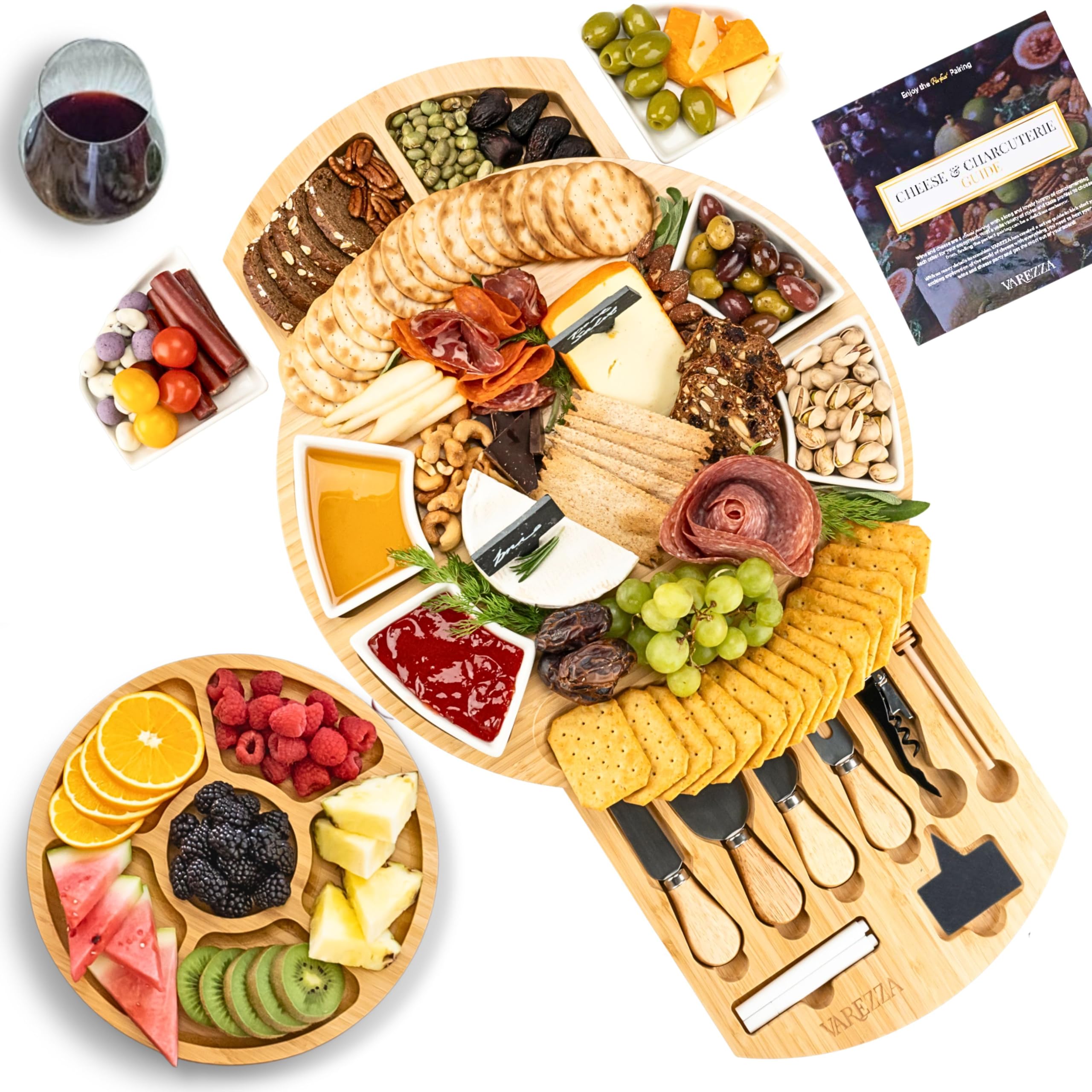 VAREZZA Juego de tablas de charcutería extragrandes: tabla redonda de bambú de 16 pulgadas y juego de cuchillos, bandeja de queso, plato de queso de frutas de bambú, 10 tablas de embutidos, regalos de