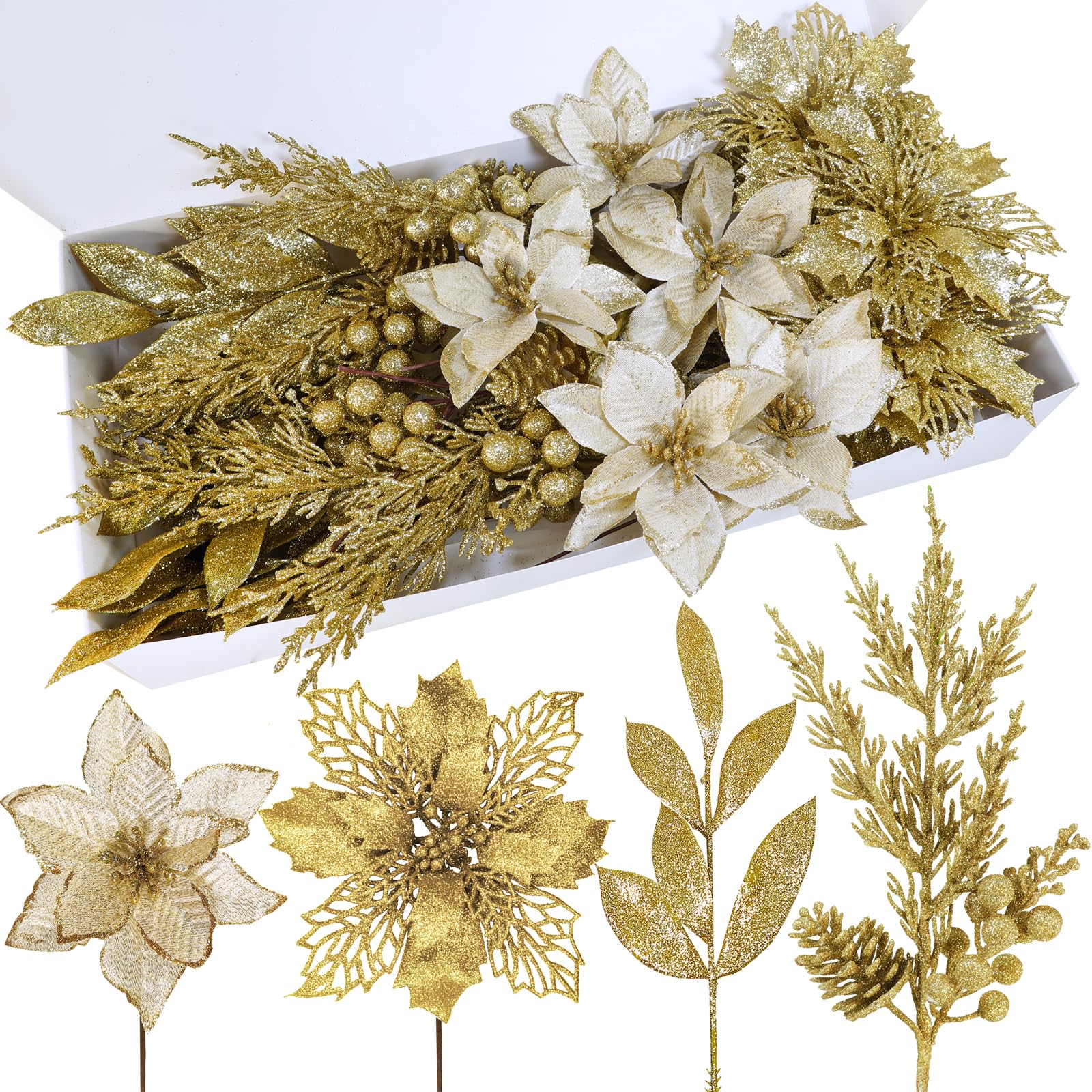 Winlyn 35-Piece Gold Glitter Poinsettia Set
