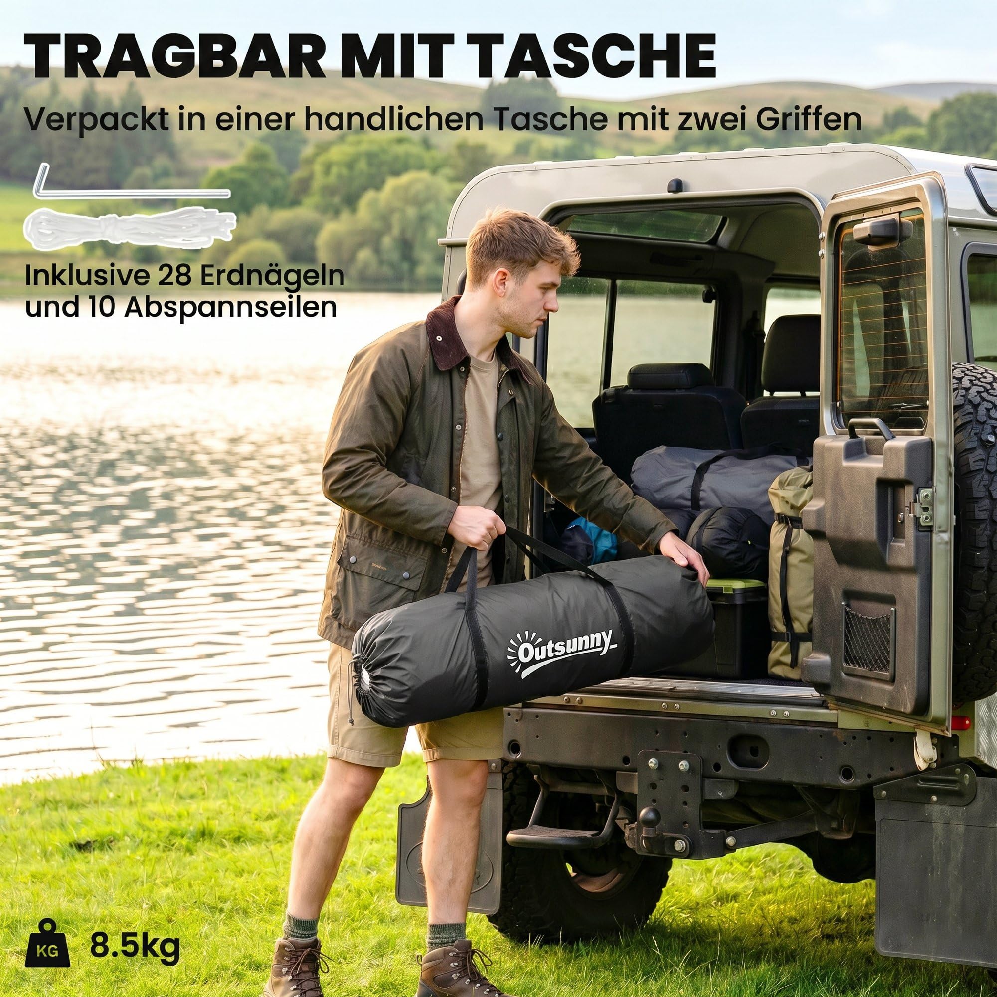 Outsunny Tente tunnel, tente de camping pour 4 à 6 personnes, avec 2 chambres, salon, tente familiale avec sac de transport, 2000 mm, imperméable, pour jardin, camping