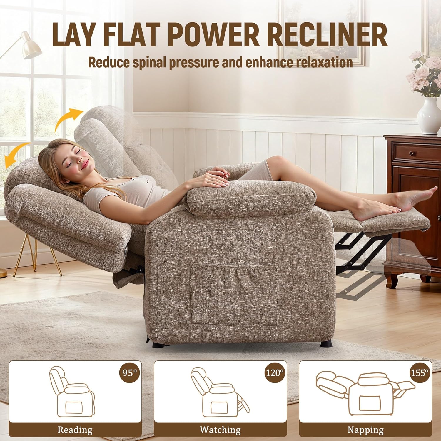 Power Recliner Chair, Living Room Chairs for Adults, Oversized Electric Recliner with Side Pockets, Chenille Fabric Reclining Chair for Living Room, Bedroom