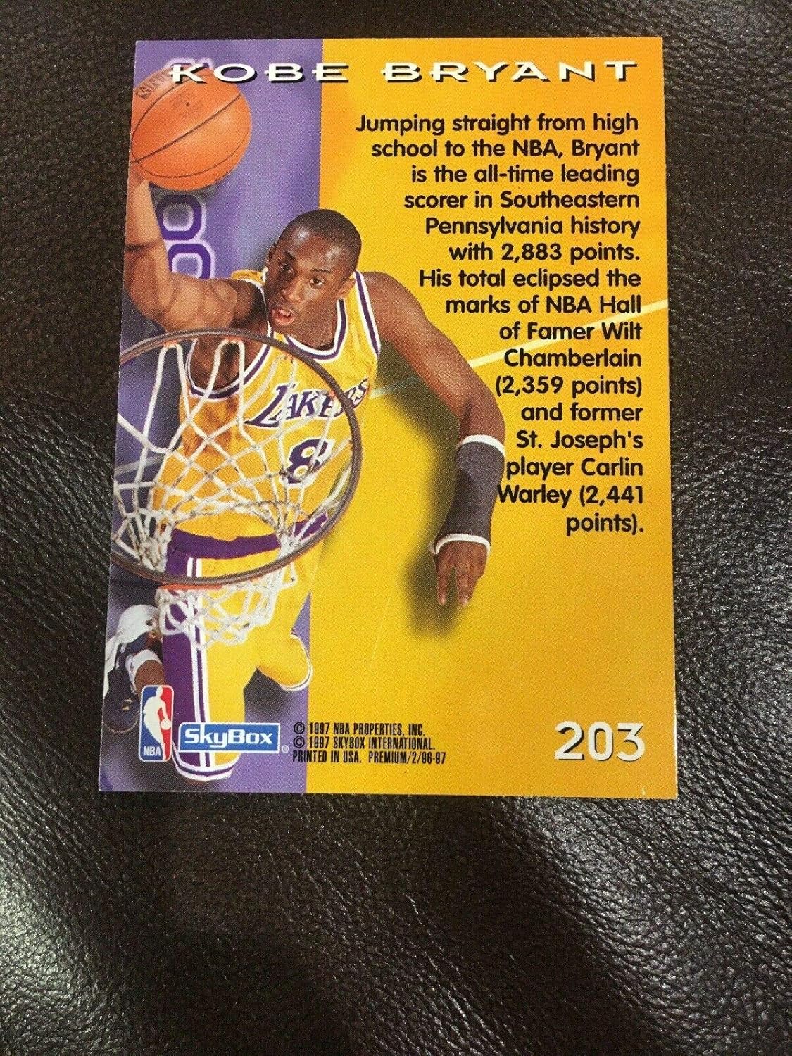 1996/1997 SkyBox Premium # 203 Kobe Bryant Los Angeles Lakers Basketball Card - Mint Condiition- Shipped In Protective Screwdown Display Case!