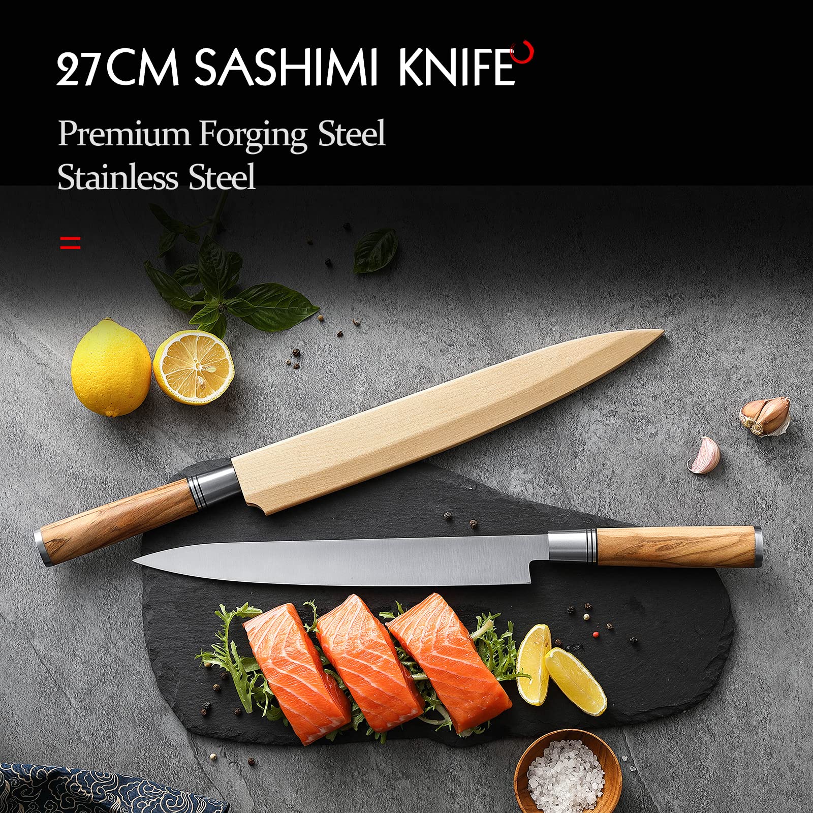 HEZHEN 27CM Coltello da Sashimi Stile Giapponese Acciaio Forgiato Yanagiba, da Sushi, Sfilettare Affettare Salmone, Manico in Legno D'ulivo,Fodero in Legno