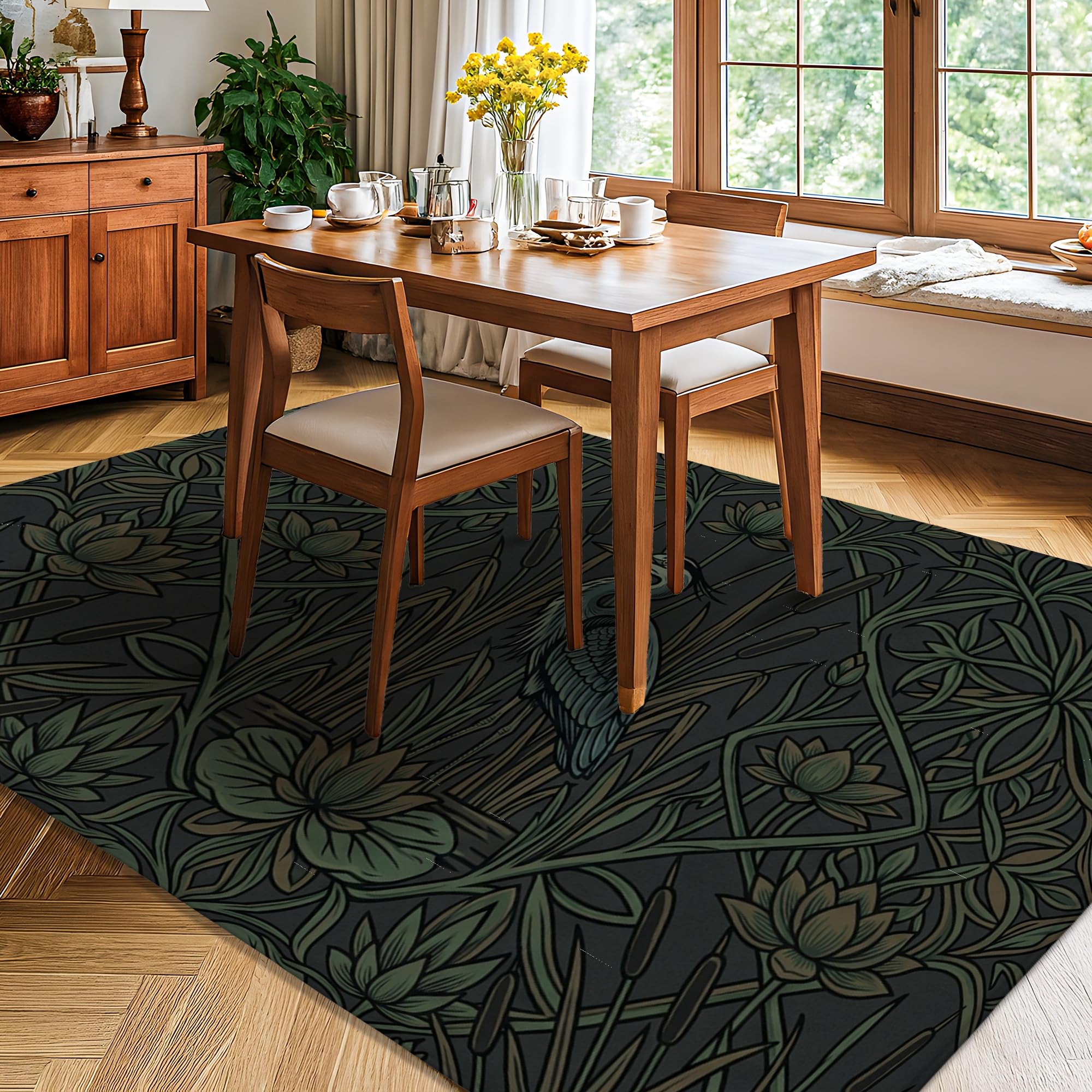Heron - Alfombra de área natural botánica con cañas de lirio de agua, color verde oscuro, esponja de pelo bajo, alfombra rectangular suave resistente a las manchas para sala de estar, dormitorio