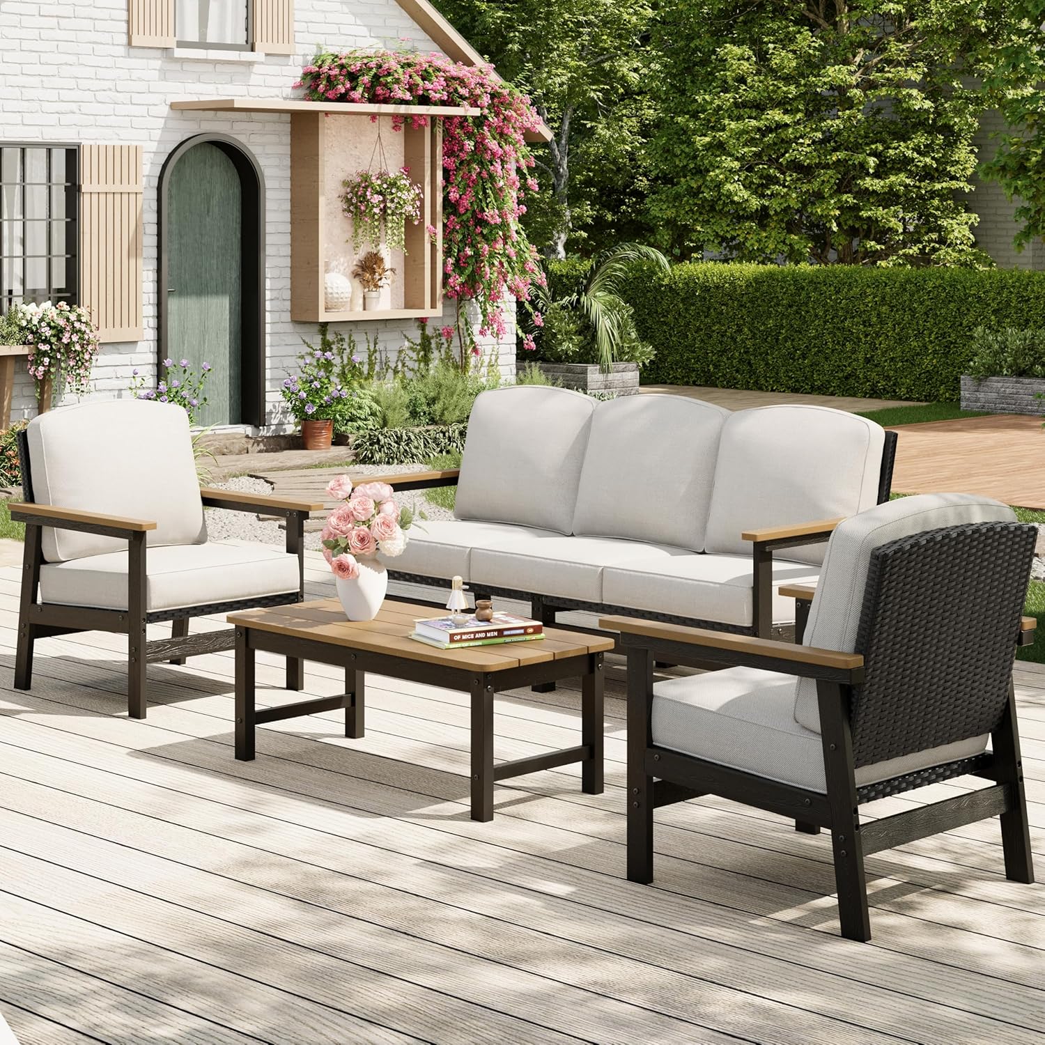 4-Piece HDPE Outdoor Patio Conversation Set, All-Weather Wicker Patio Furniture Set, Waterproof & UV-Resistant, Thick Cushions for Backyard, Deck, Garden, Porch, Balcony - Beige