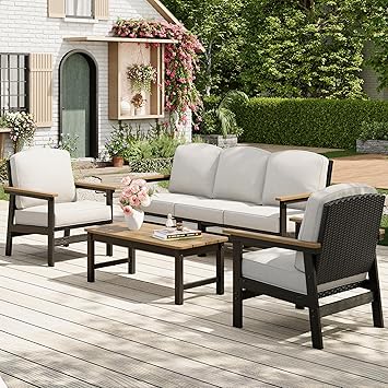 MIXPATIO 4-Piece HDPE Outdoor Patio Conversation Set, All-Weather Wicker Patio Furniture Set, Waterproof & UV-Resistant, Thick Cushions for Backyard, Deck, Garden, Porch, Balcony - Beige